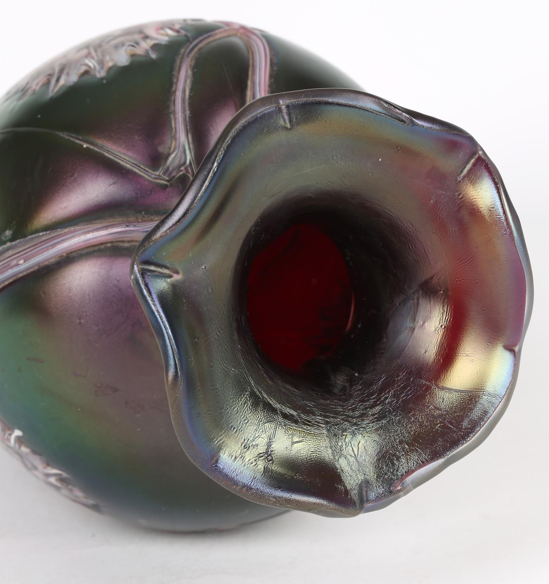 Austrian Pallme-Konig Bohemian Art Nouveau Iridescent Floral Patterned Glass Vase 