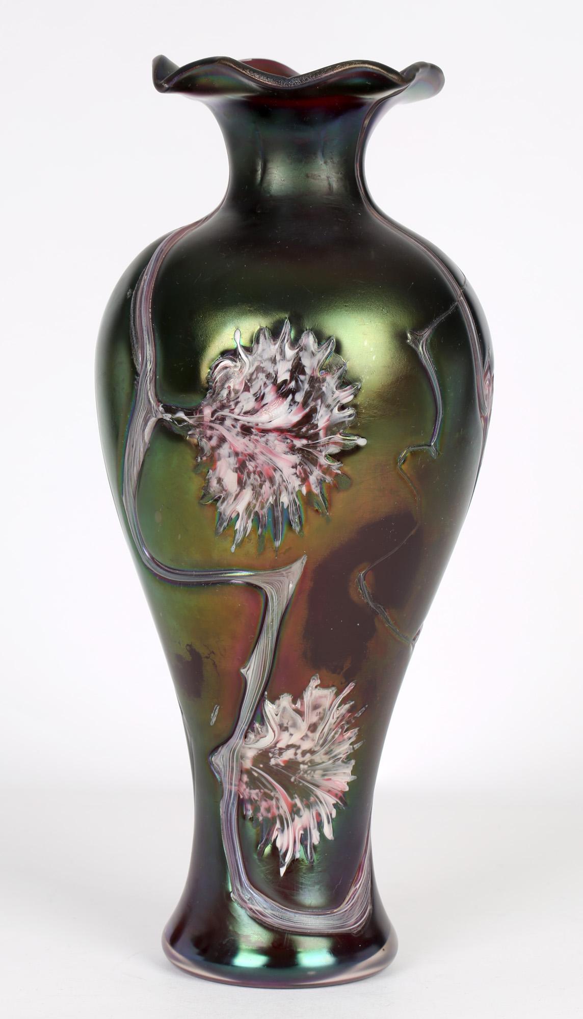 Hand-Crafted Pallme-Konig Bohemian Art Nouveau Iridescent Floral Patterned Glass Vase 