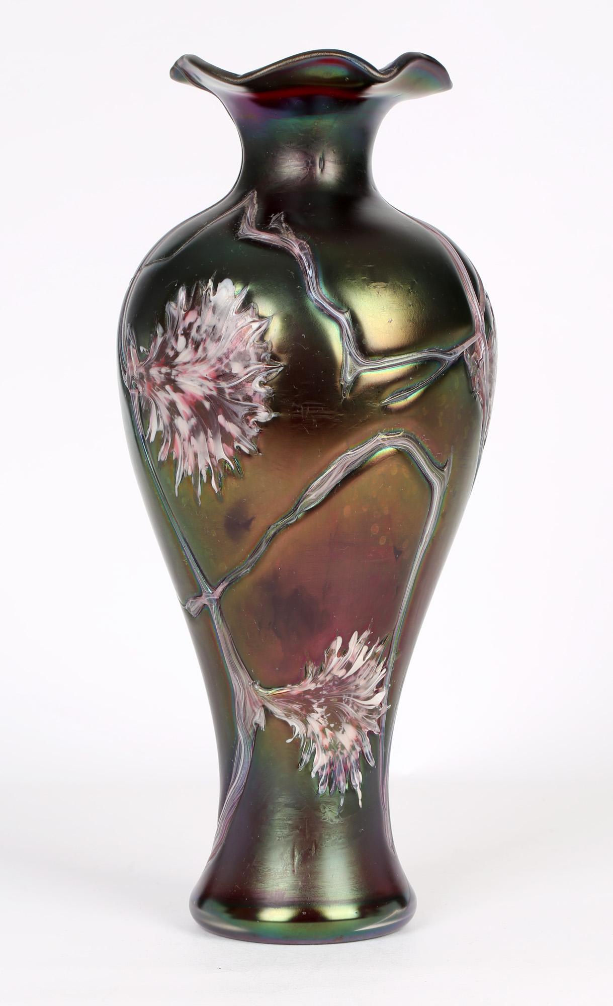 Blown Glass Pallme-Konig Bohemian Art Nouveau Iridescent Floral Patterned Glass Vase 