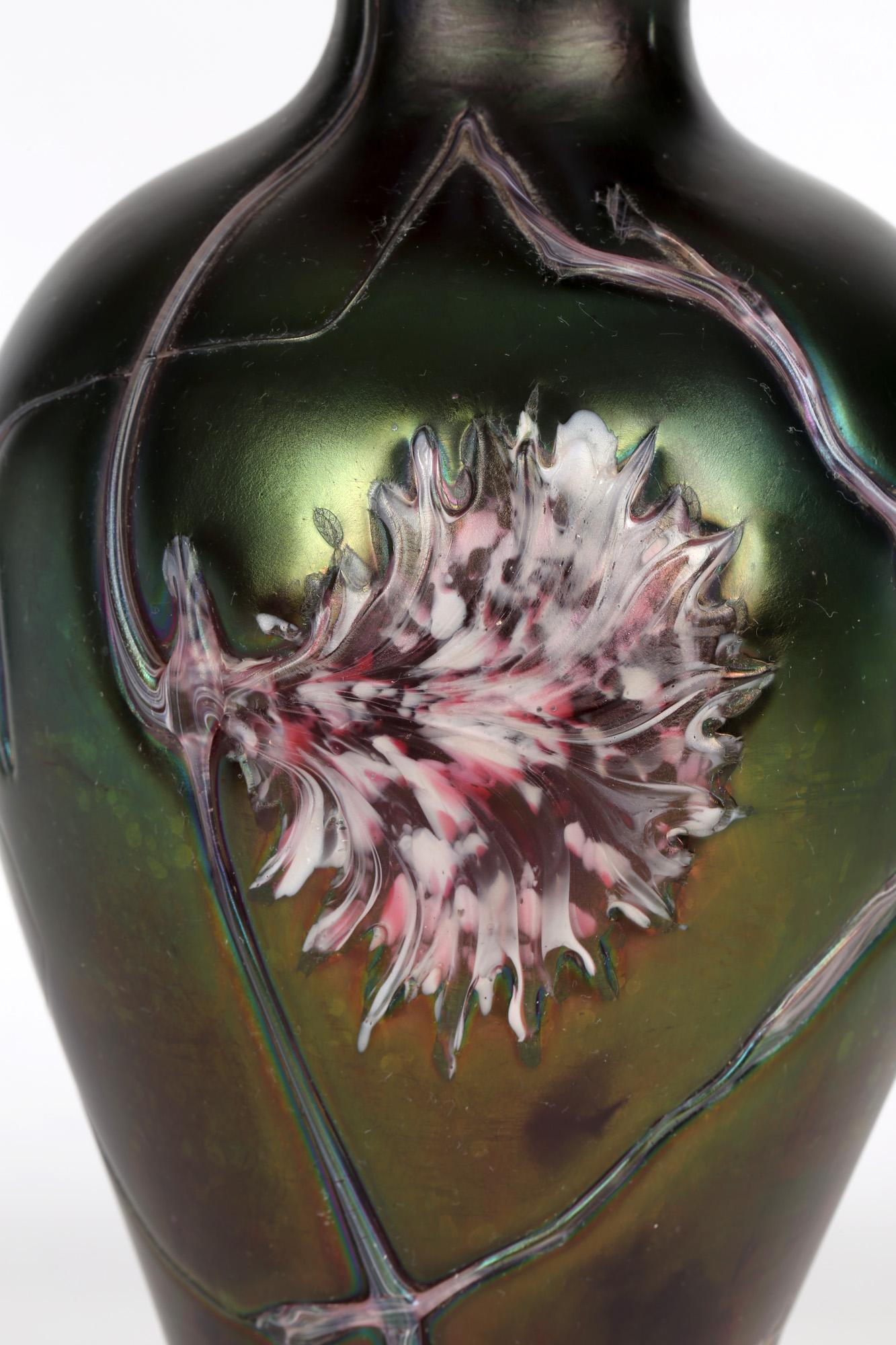 Pallme-Konig Bohemian Art Nouveau Iridescent Floral Patterned Glass Vase  2