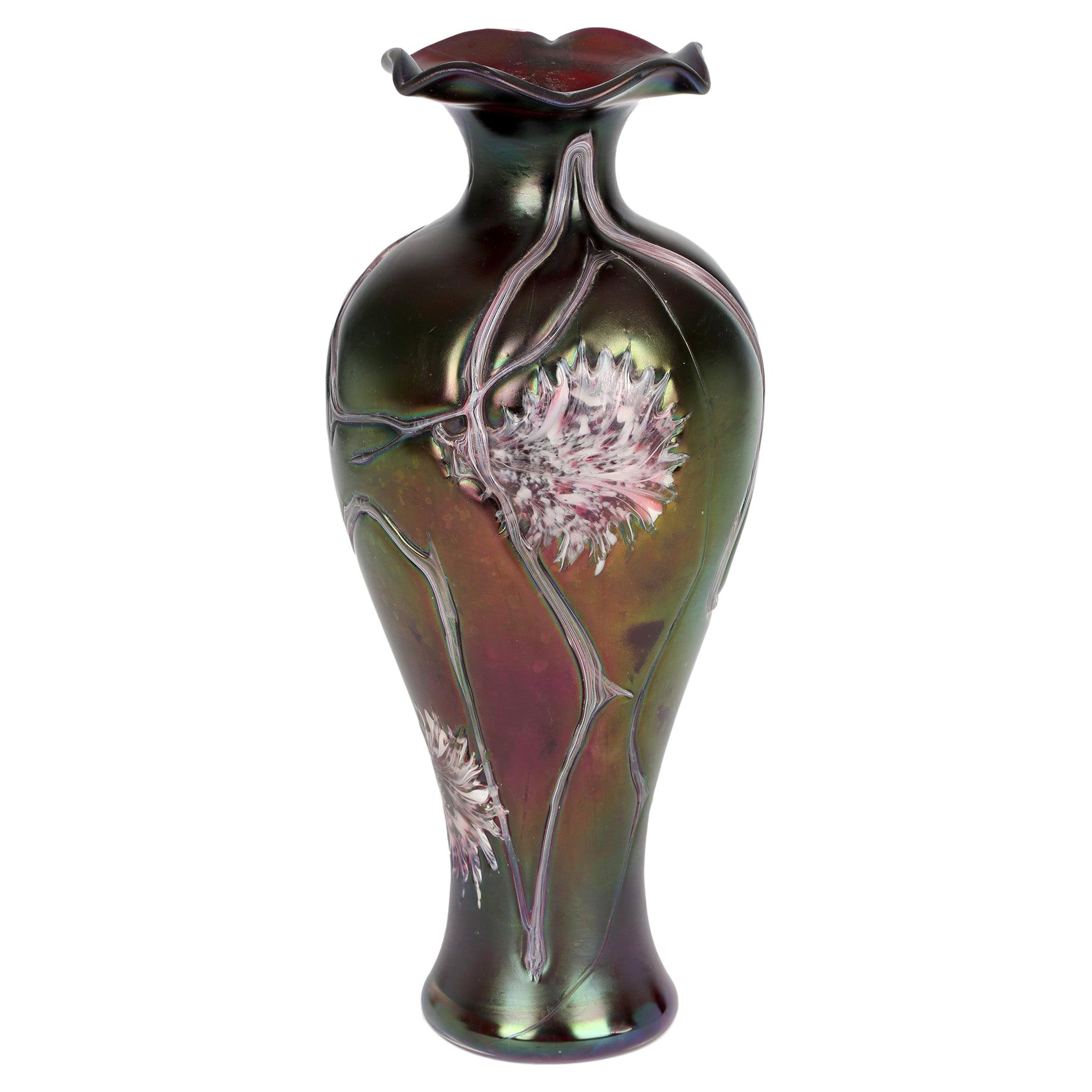 Pallme-Konig Bohemian Art Nouveau Iridescent Floral Patterned Glass Vase 