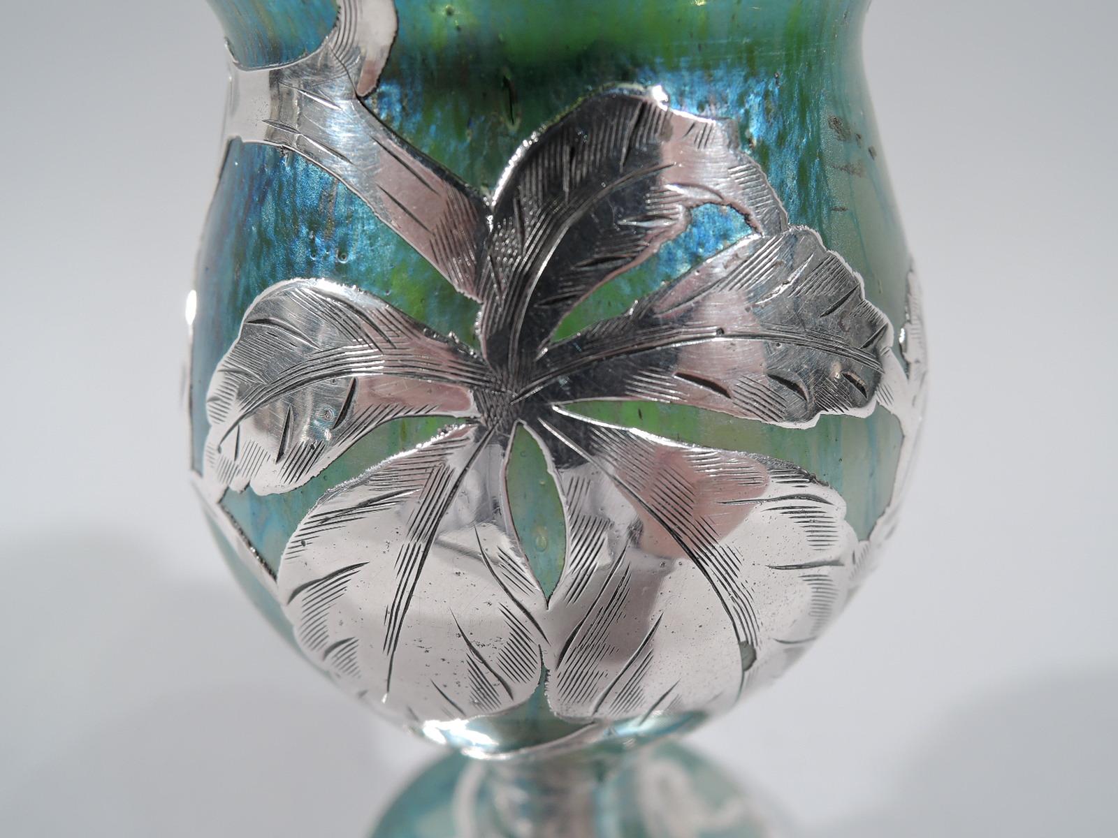 Art Nouveau Iridescent Green and Blue Glass Vase with Silver Overlay In Excellent Condition In New York, NY