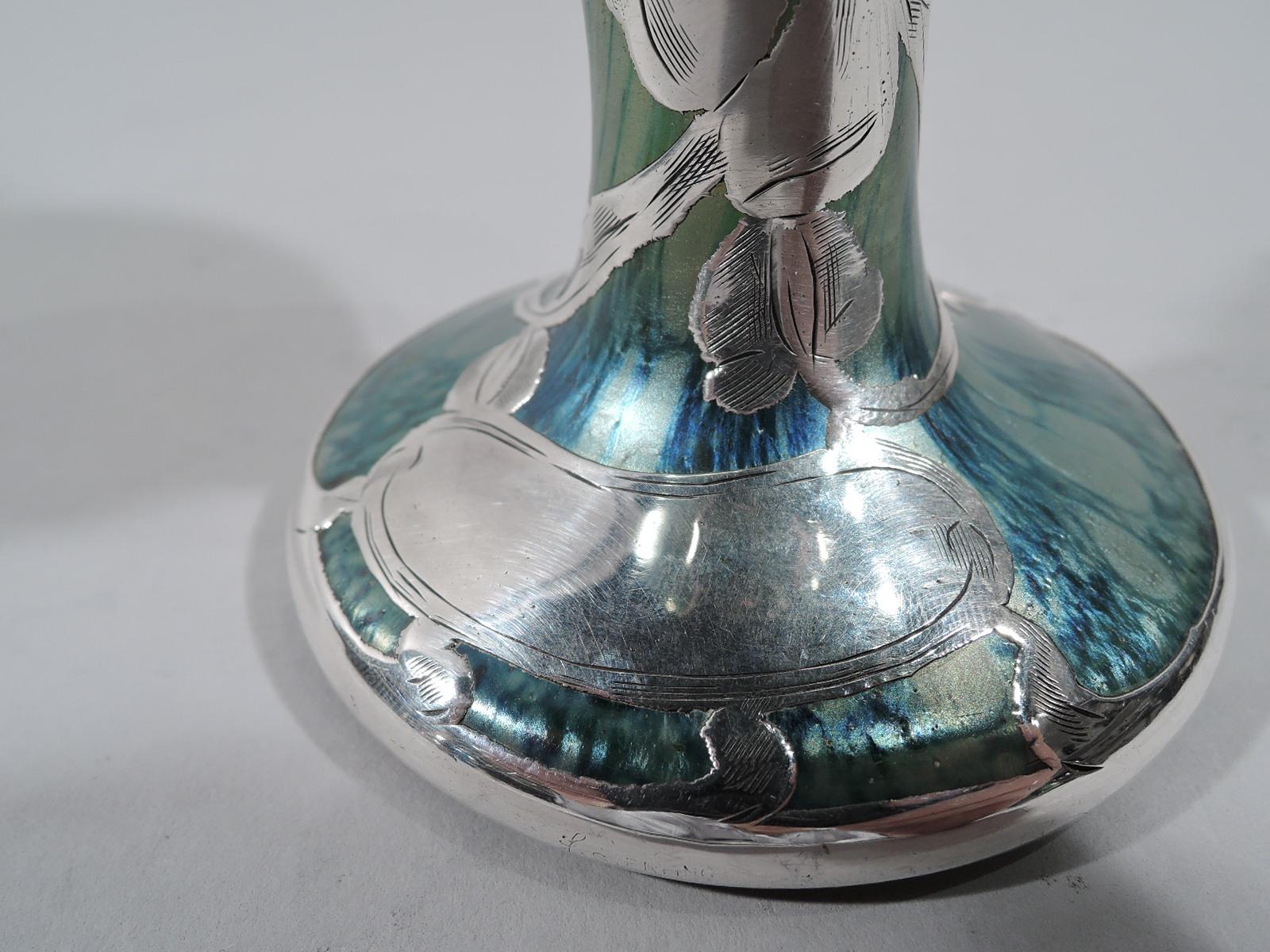 20th Century Art Nouveau Iridescent Green and Blue Glass Vase with Silver Overlay