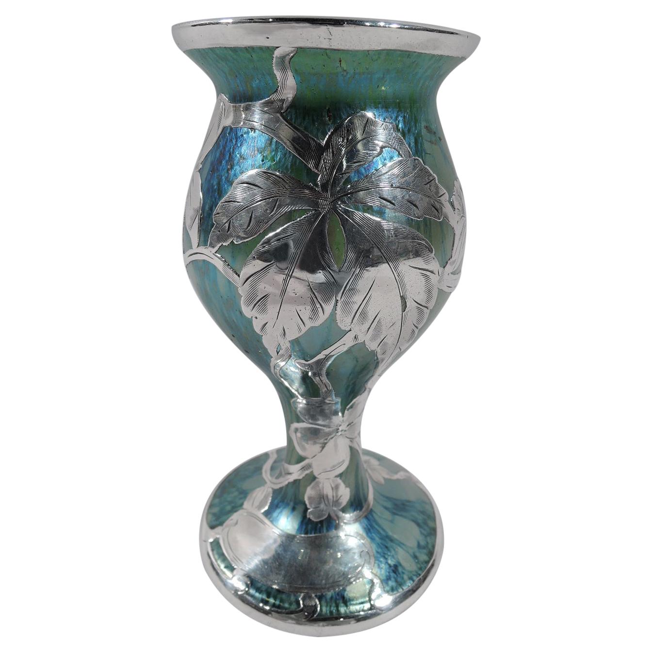 Art Nouveau Iridescent Green and Blue Glass Vase with Silver Overlay