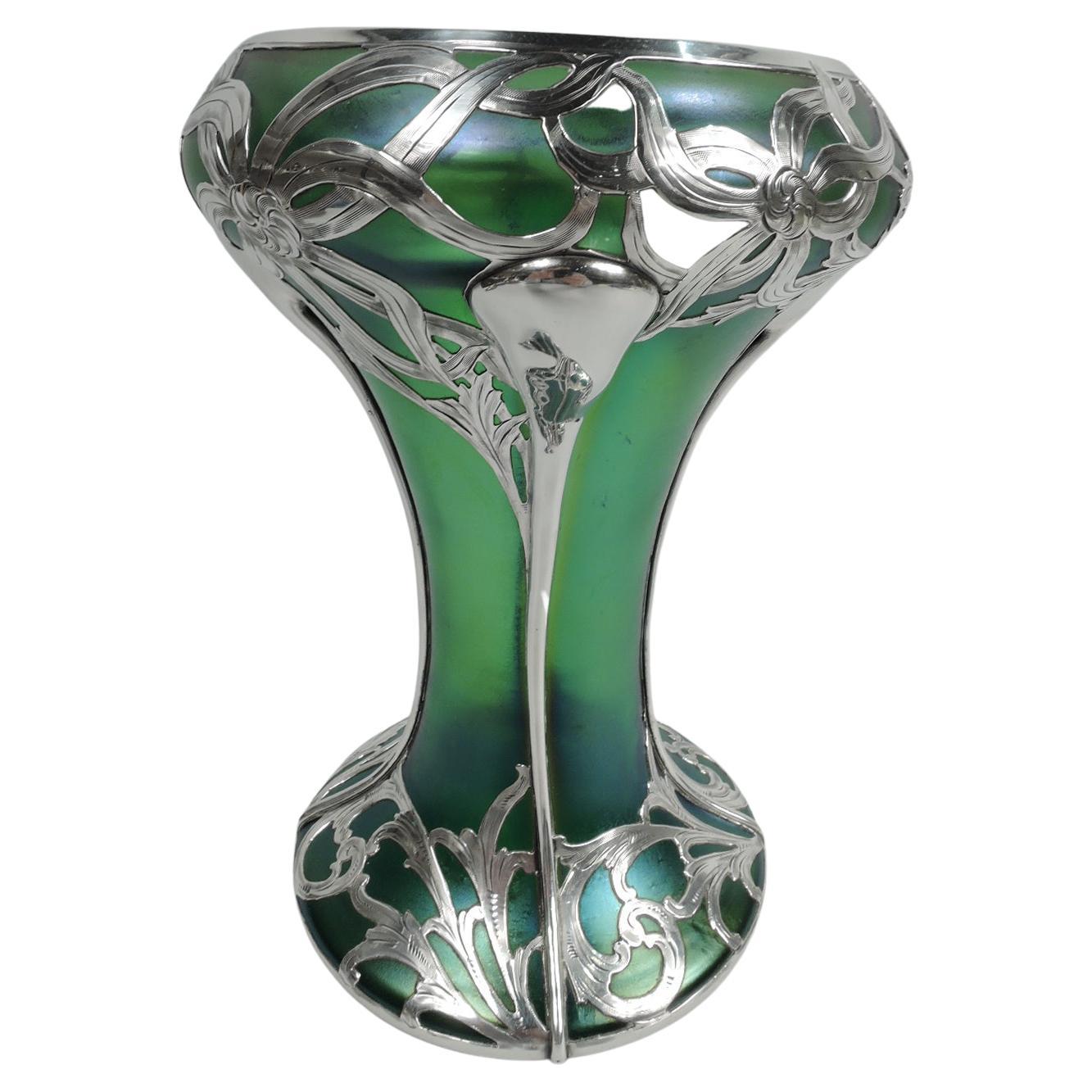 Art Nouveau Iridescent Green Silver Overlay Vase by Loetz