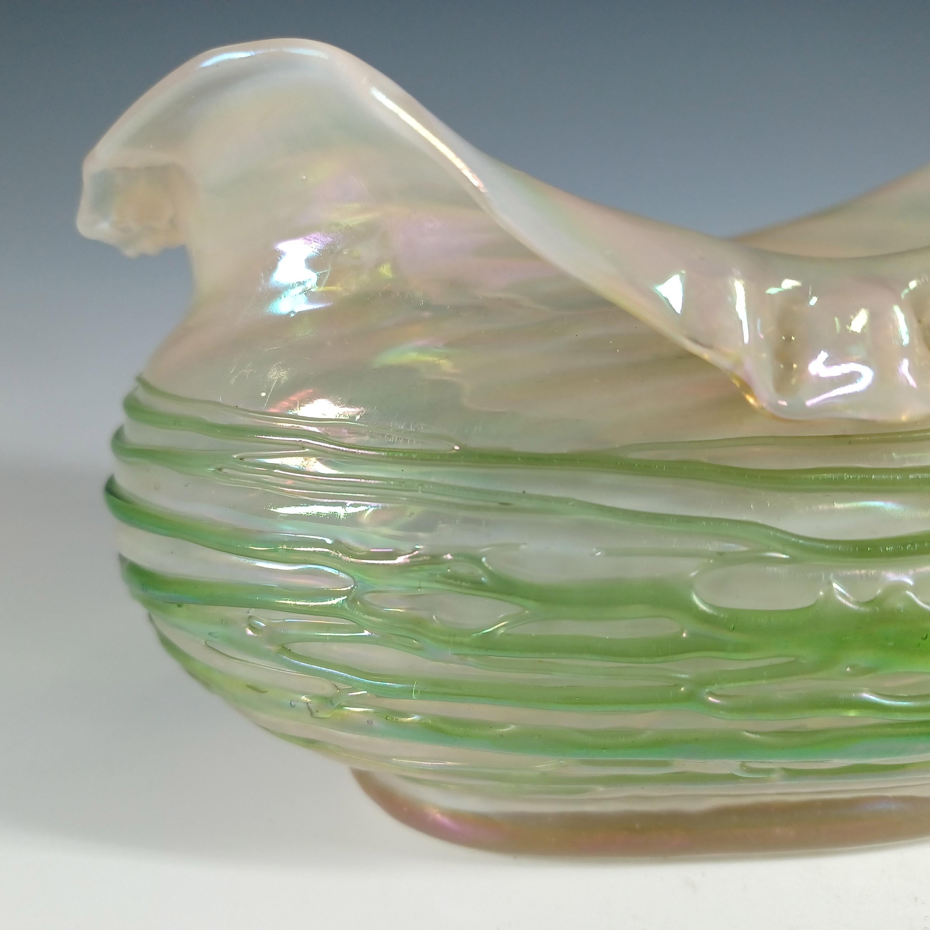 Czech Art Nouveau Iridescent Green Trailed Glass Antique Vase For Sale