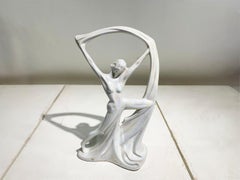 Art Nouveau Iridescent Pearl Porcelain Nude Scarf Dancer Statue, circa 1940's