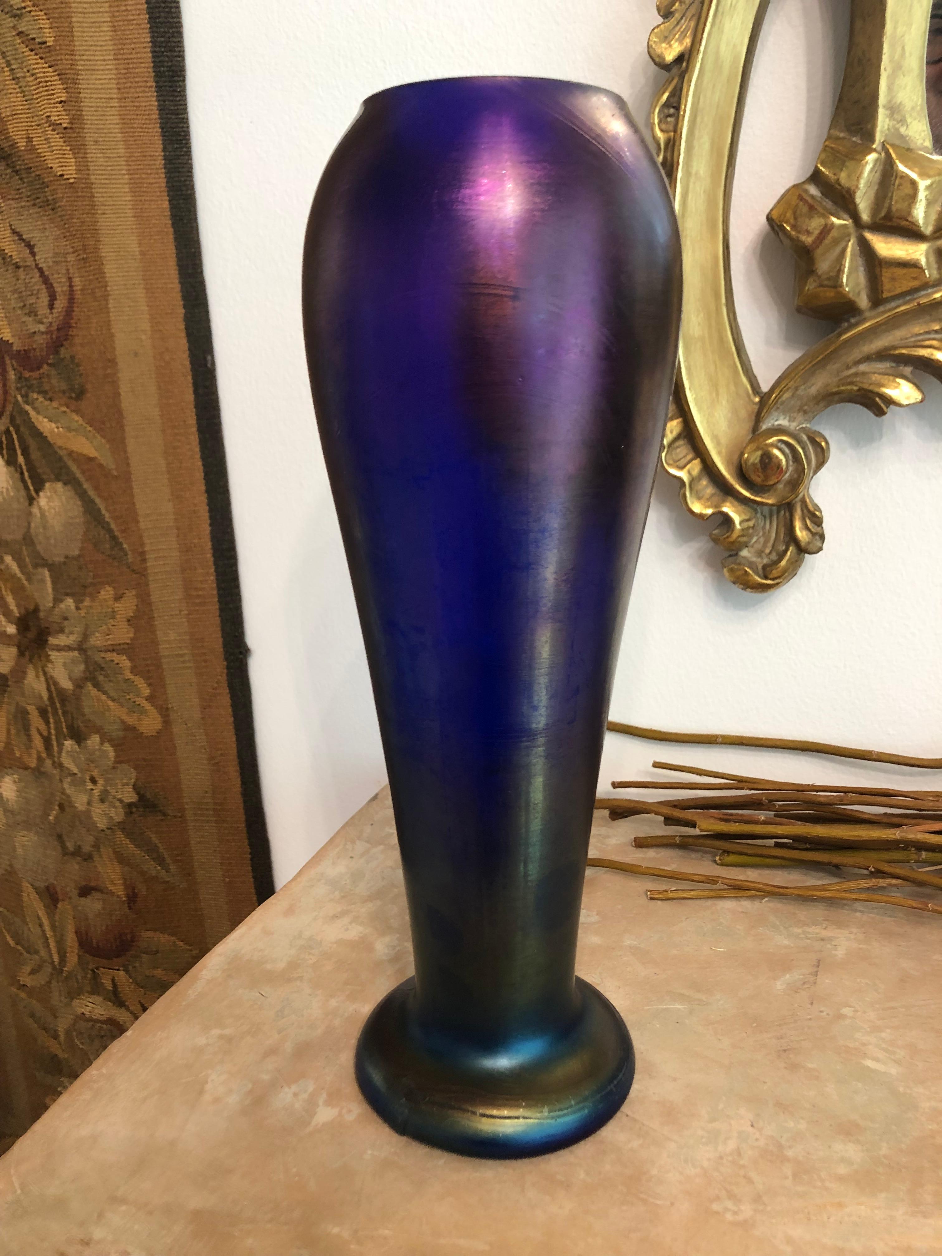 Art Nouveau Iridescent Purple Glass Vase by  Quezal 1