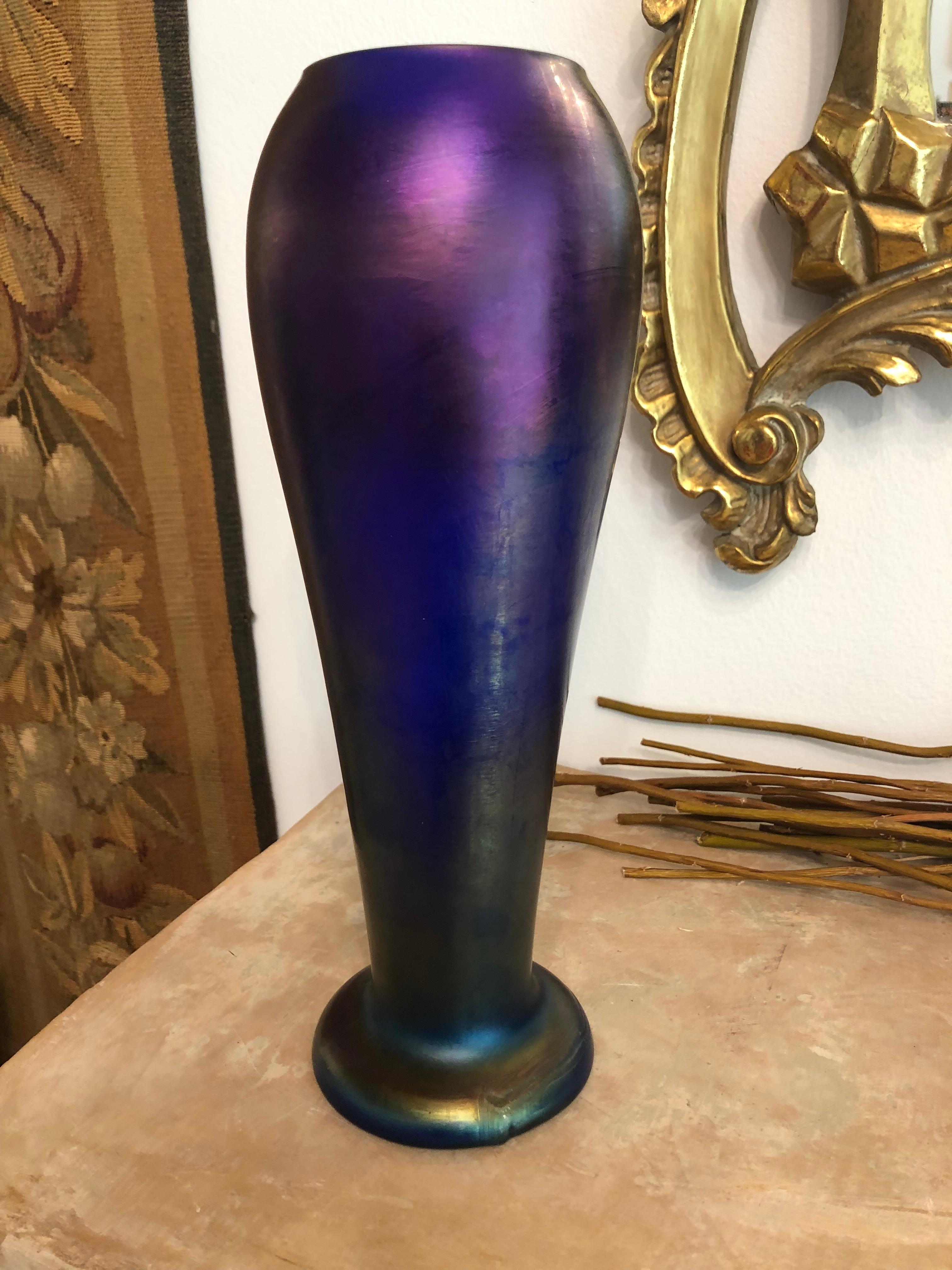Art Nouveau Iridescent Purple Glass Vase by  Quezal 2