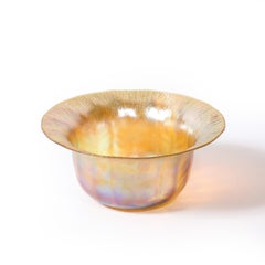 Art Nouveau Iridescent Yellow Blue Favrile Glass Bowl signed L.C. Tiffany & Co