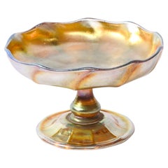 Art Nouveau Iridescent Yellow Blue Favrile Glass Footed Dish signed Tiffany & Co