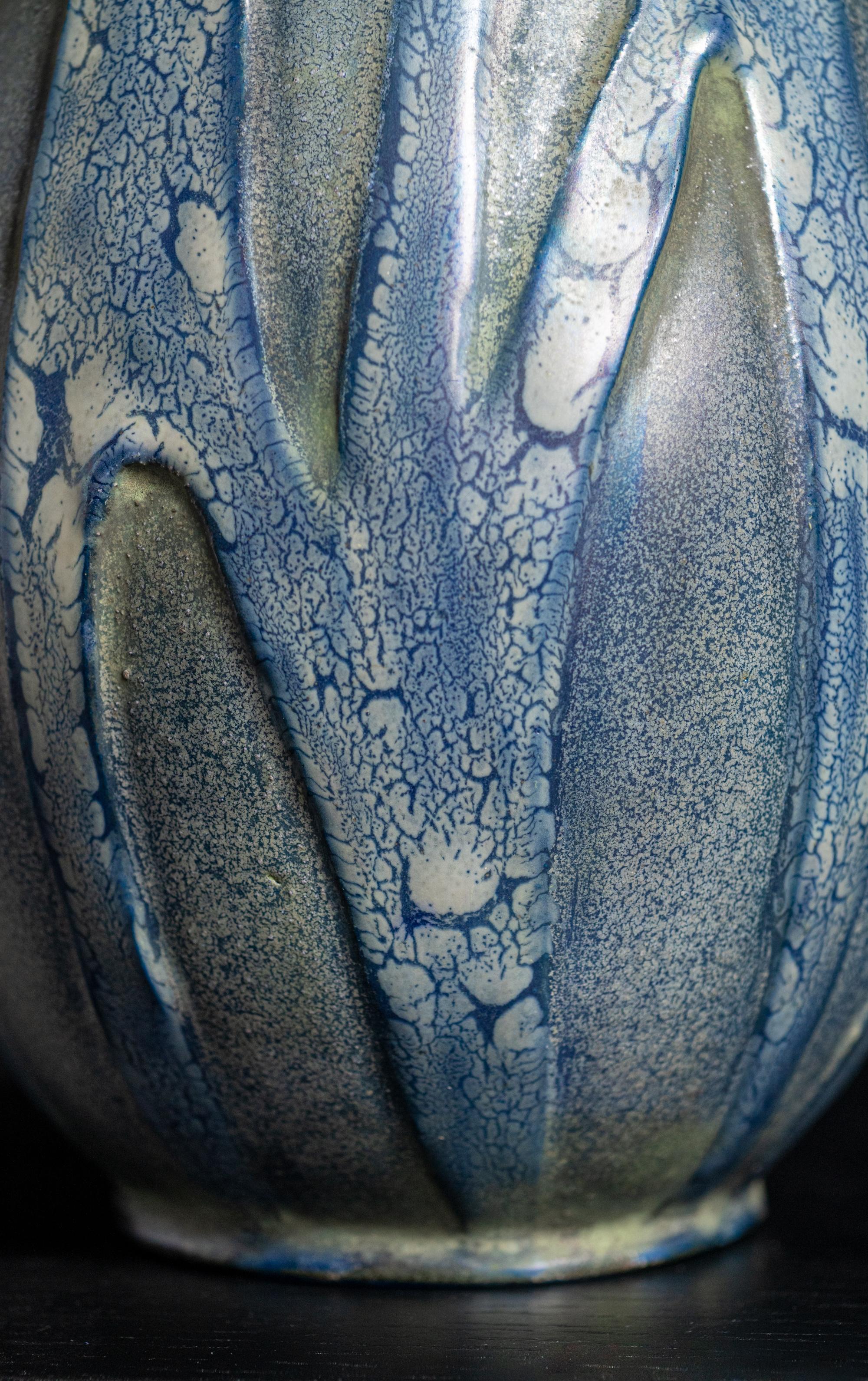 Stoneware Art Nouveau Iridized Cobalt Vase by RStK Amphora For Sale