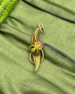 Art Nouveau Iris Flower Enamel Pendant Necklace 14k Gold Antique