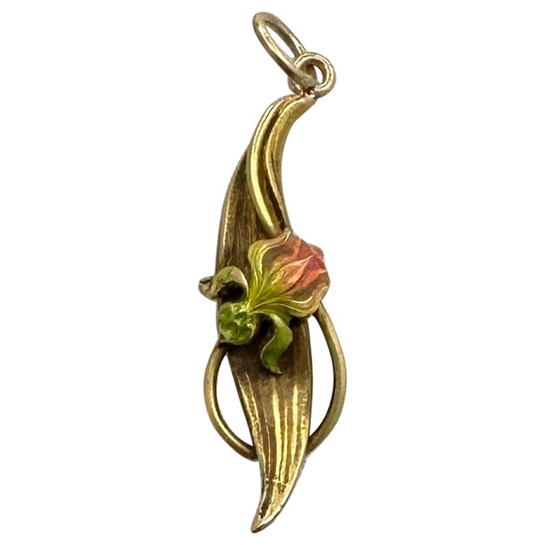 Art Nouveau Iris Flor Esmalte Collar Oro 14k Antiguo