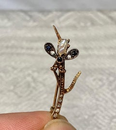 Art Nouveau Iris Flower Sapphire Diamond Pearl Brooch Pin Gold Stunning