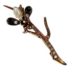 Art Nouveau Iris Flower Sapphire Diamond Pearl Brooch Pin Gold Stunning