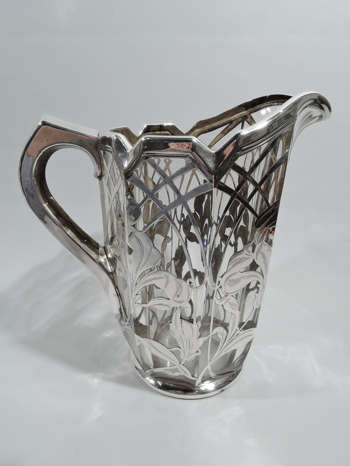 Art Nouveau Iris Flower Silver Overlay Water Pitcher by La Pierre In Excellent Condition In New York, NY