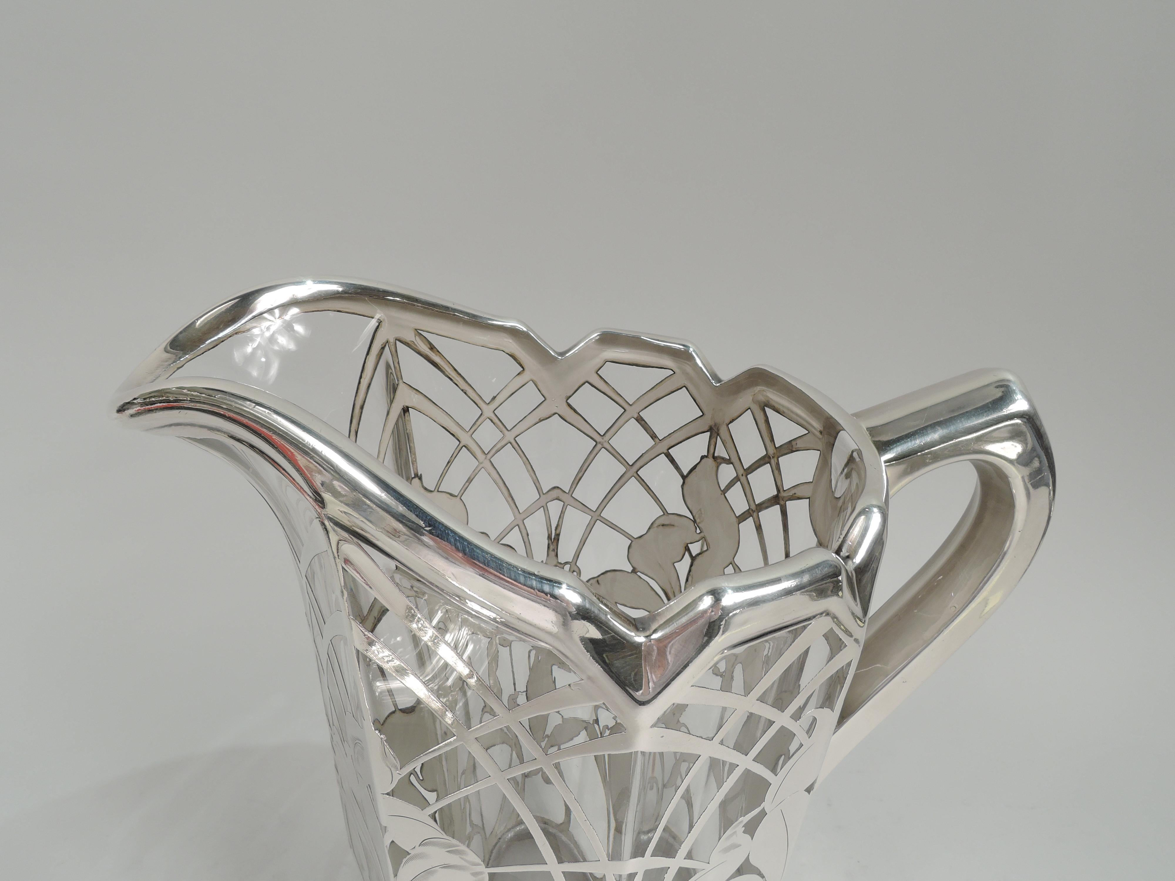 American Art Nouveau Iris Flower Silver Overlay Water Pitcher by La Pierre