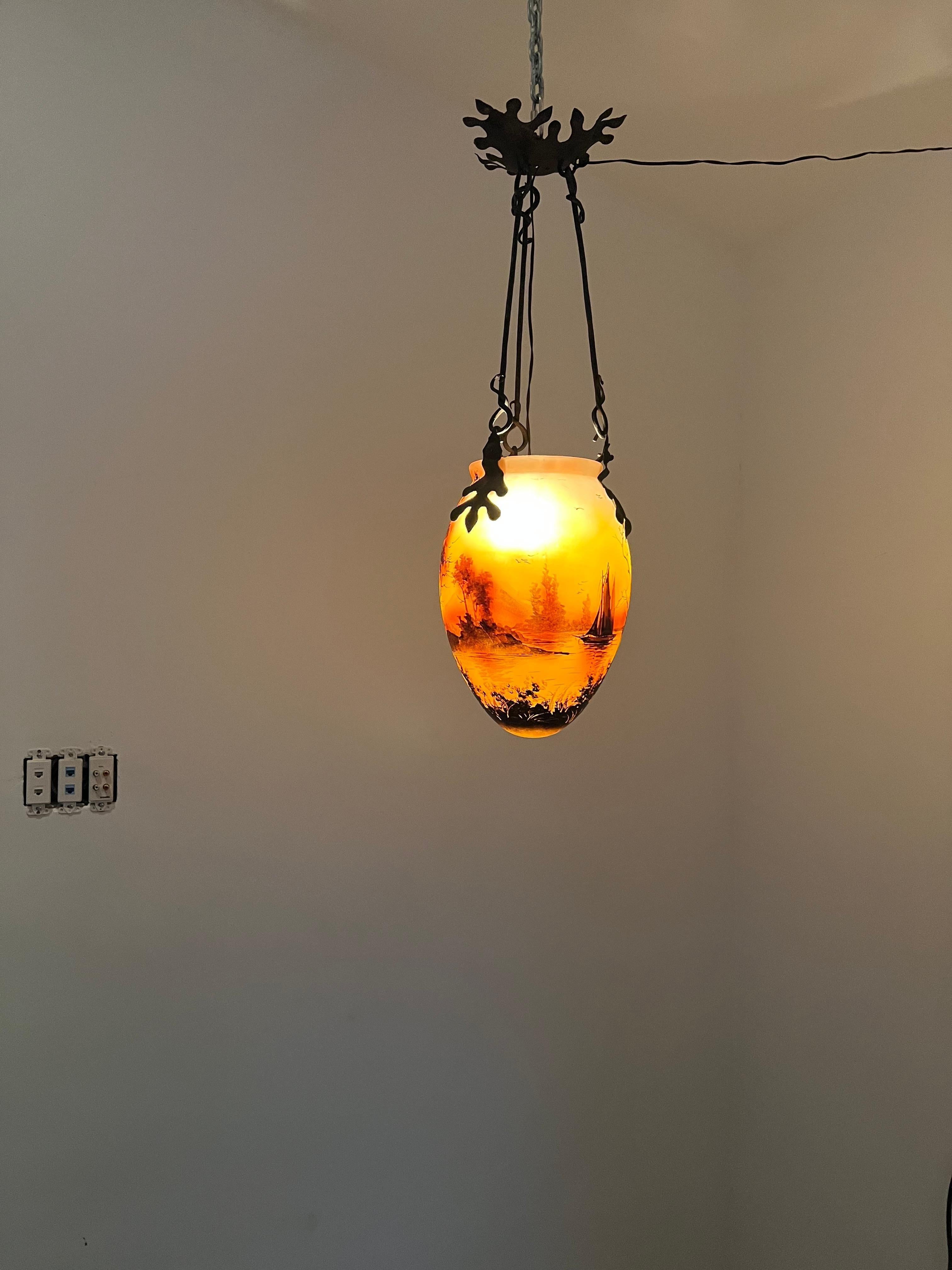 Art Nouveau Iron and Pâte De Verre Lantern by Jean Simon Peynaud, France, 1890's For Sale 8