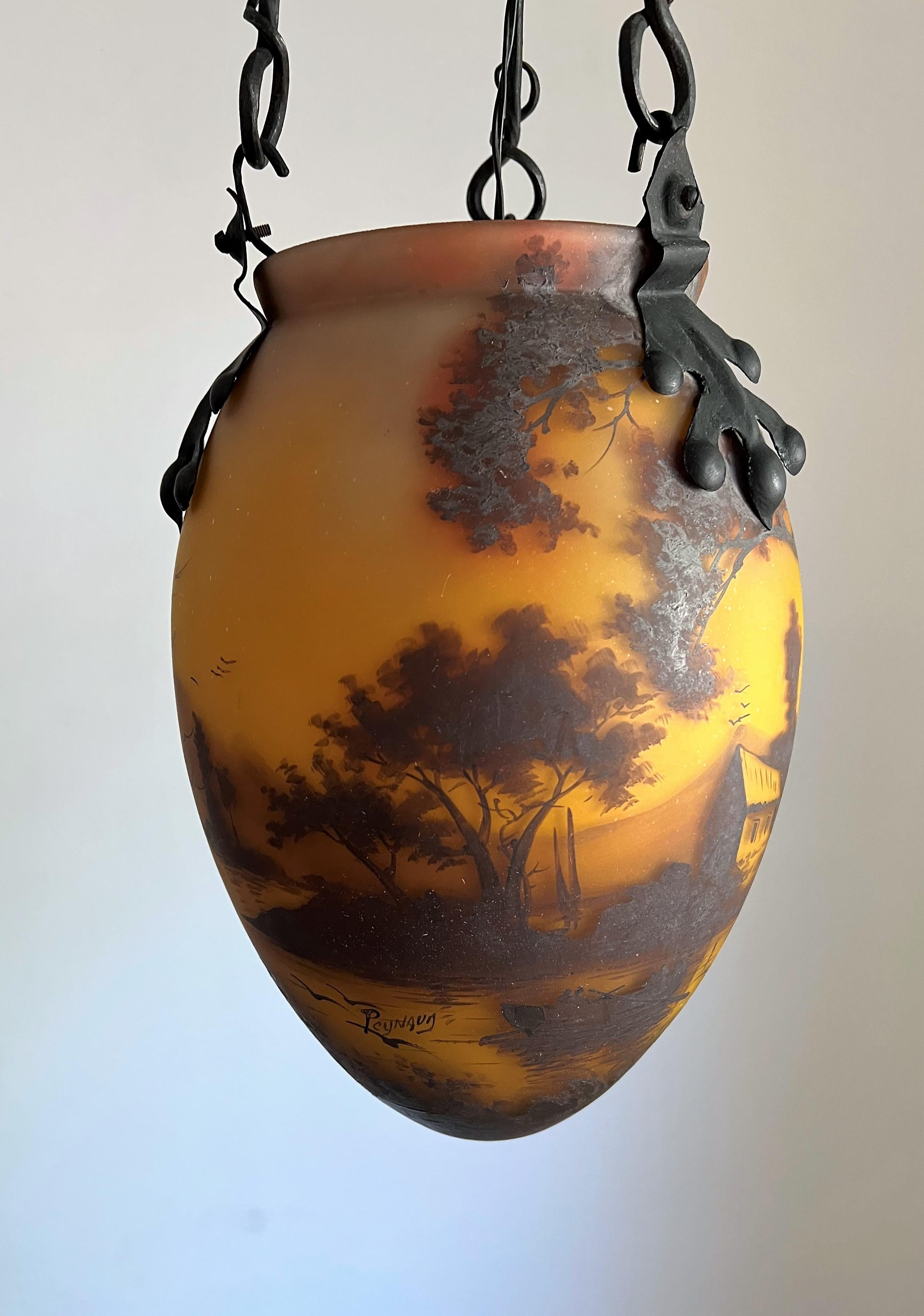 Glass Art Nouveau Iron and Pâte De Verre Lantern by Jean Simon Peynaud, France, 1890's For Sale