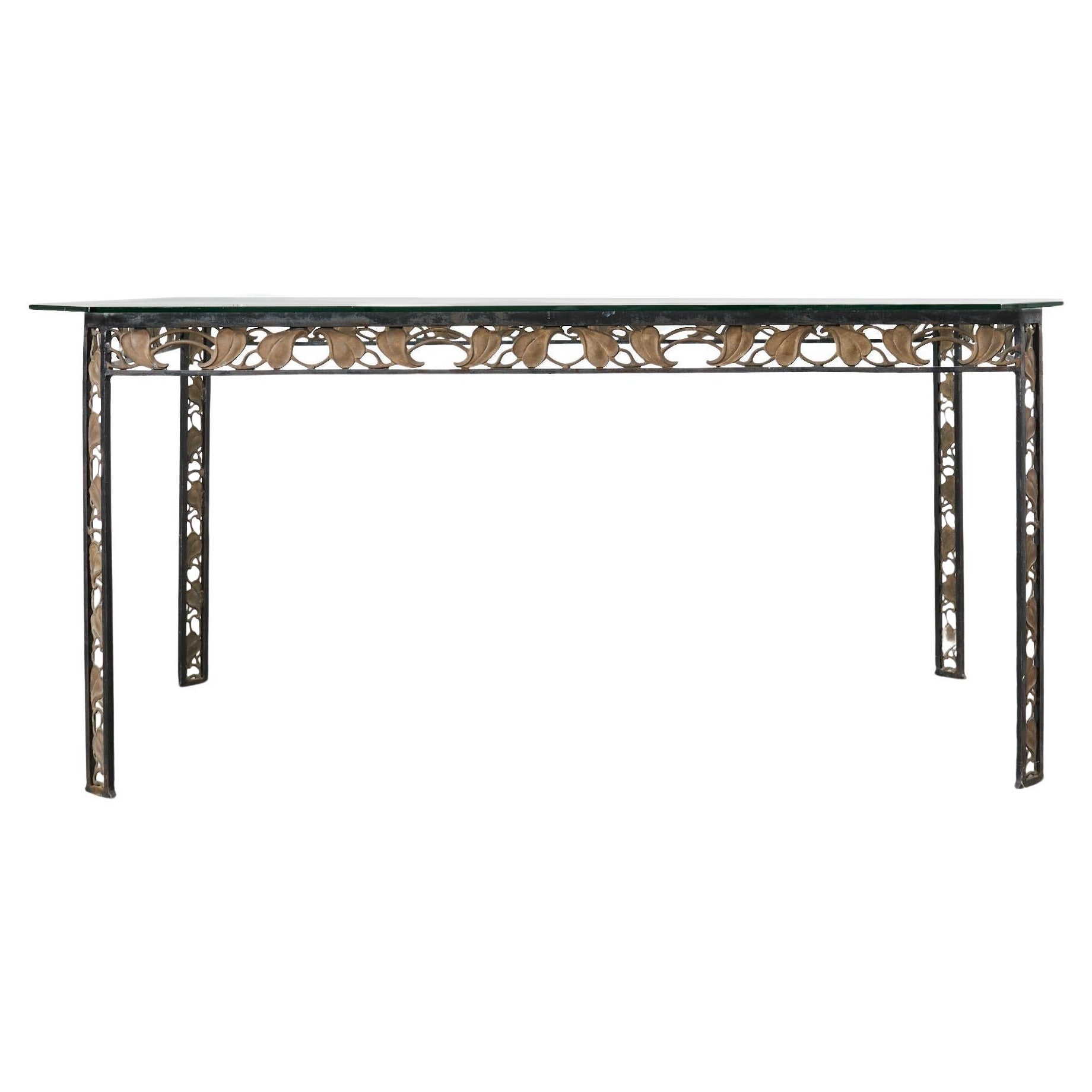 Tavolo da pranzo da giardino Art Nouveau in ferro con foglie di bronzo in vendita