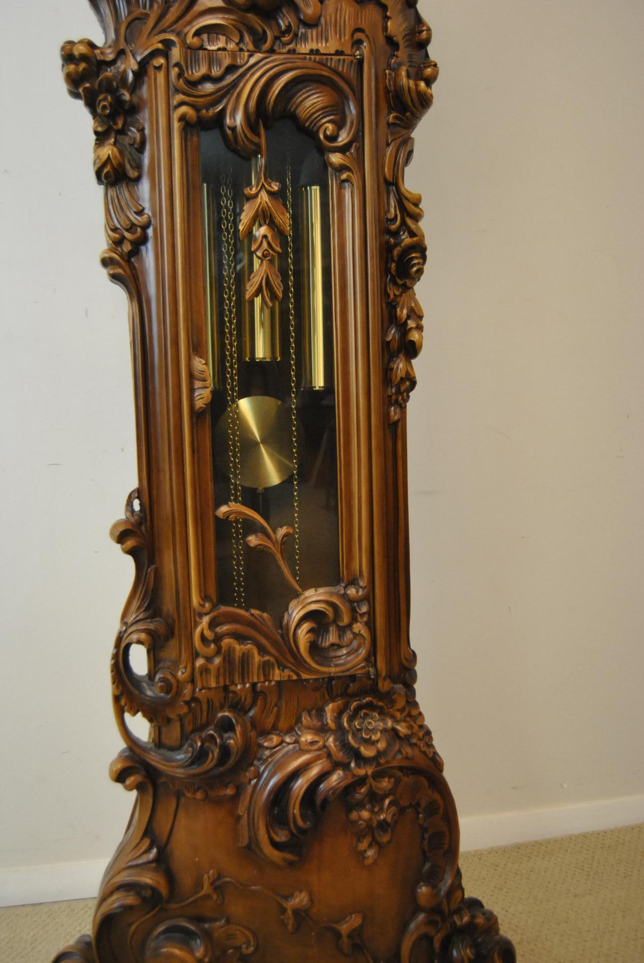 Mid-20th Century Art Nouveau Italian Baroque Grandfather Clock Carved Cherubs Franz Hermle