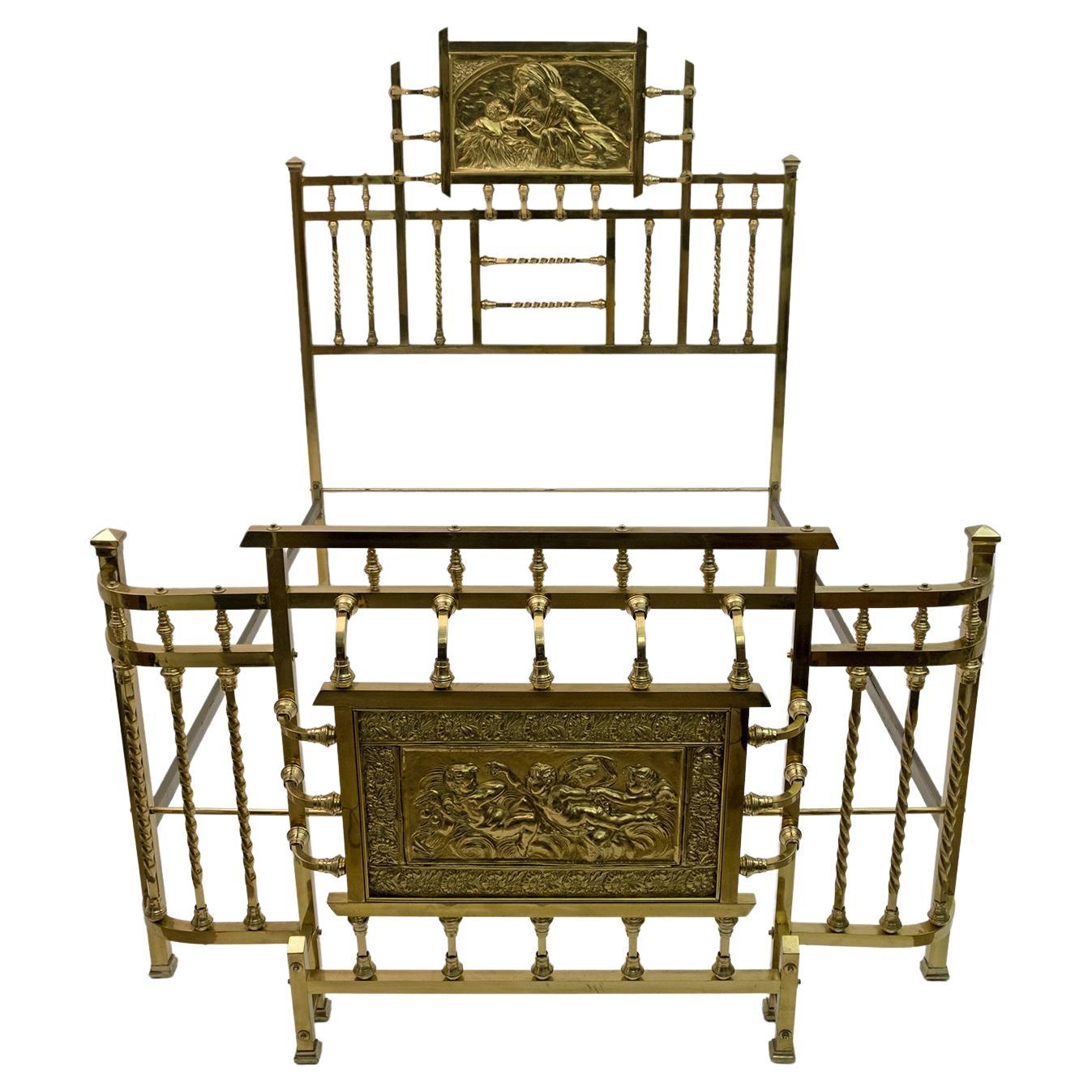 Art Nouveau Italian Brass Double Bed, Early 1900s For Sale