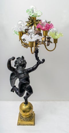 Art Nouveau Italian Bronze and Murano Glass Lamp, Early 1900s