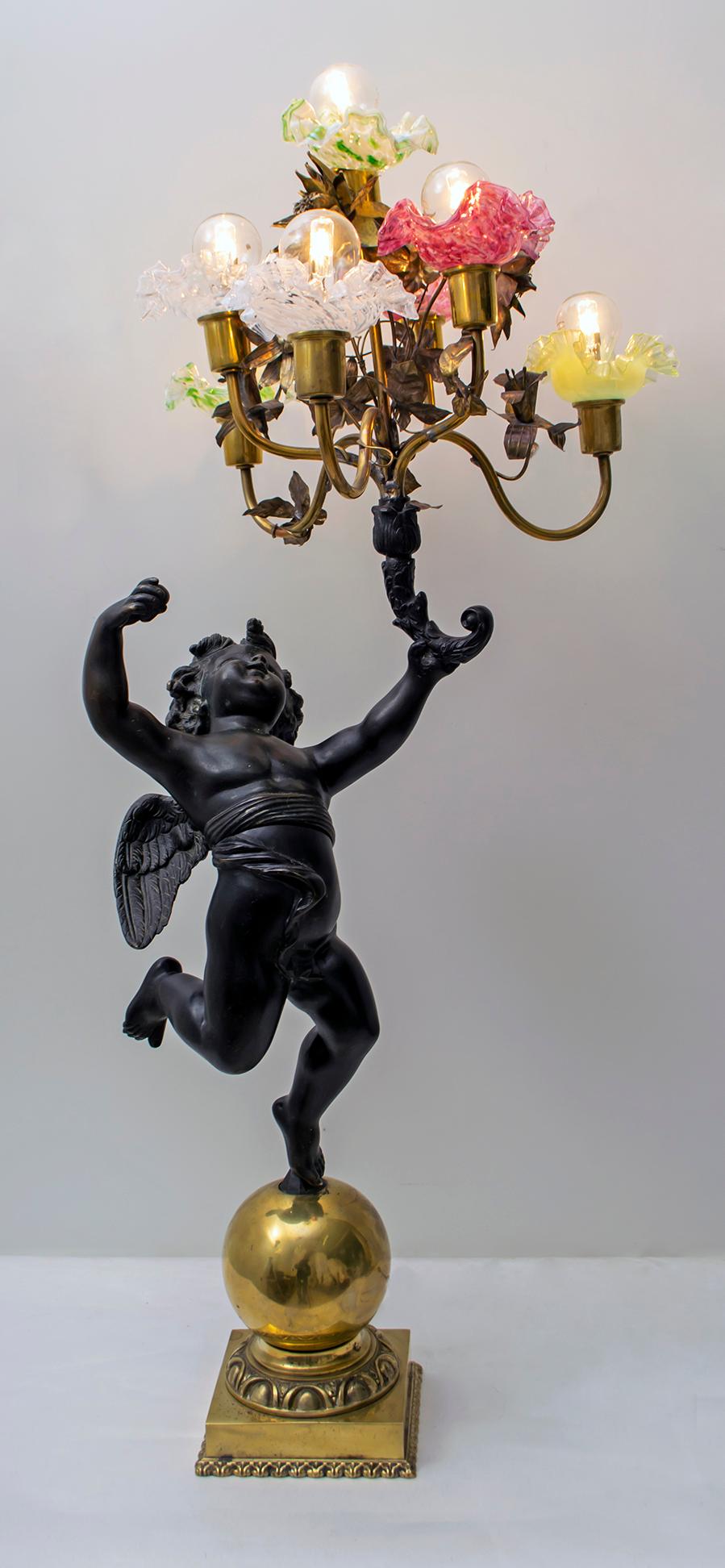 Polished Art Nouveau Italian Bronze and Murano Glass Lamp, Early 1900s