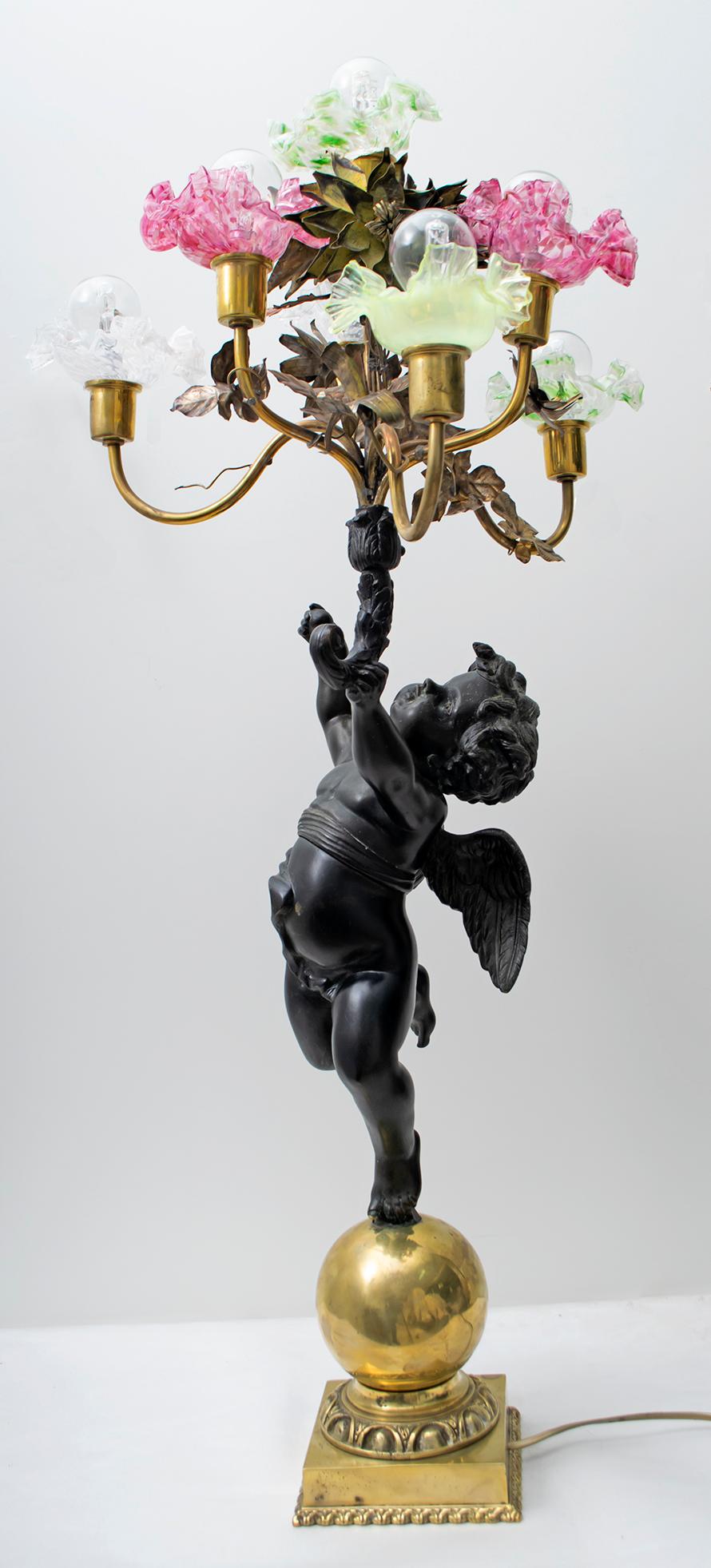 Art Nouveau Italian Bronze and Murano Glass Lamp, Early 1900s 4