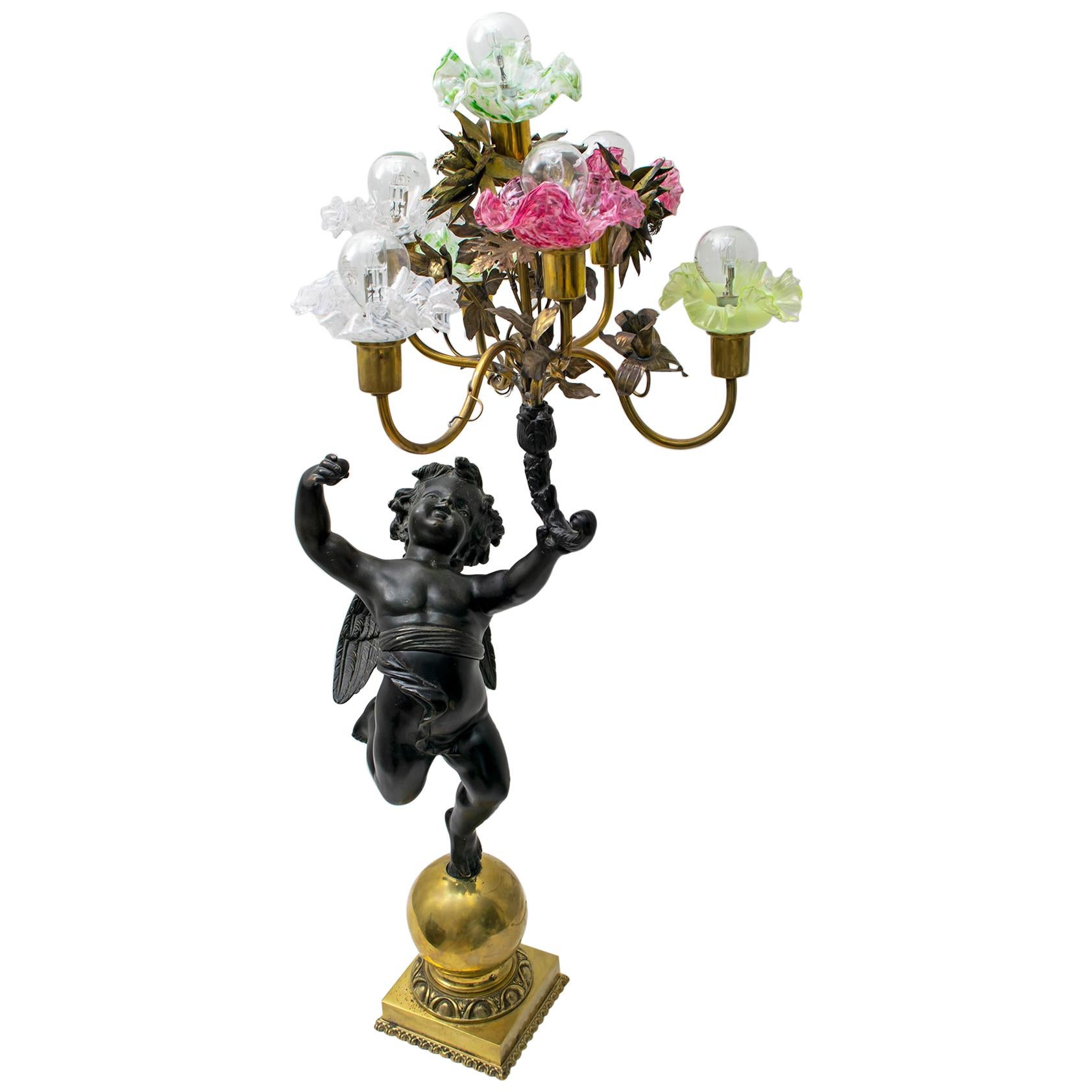 Art Nouveau Italian Bronze and Murano Glass Lamp, Early 1900s