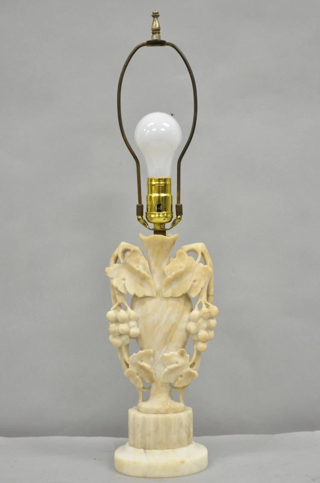 Art Nouveau Italian Carved Alabaster Marble Small Urn & Grapevine Table Lamp For Sale 5