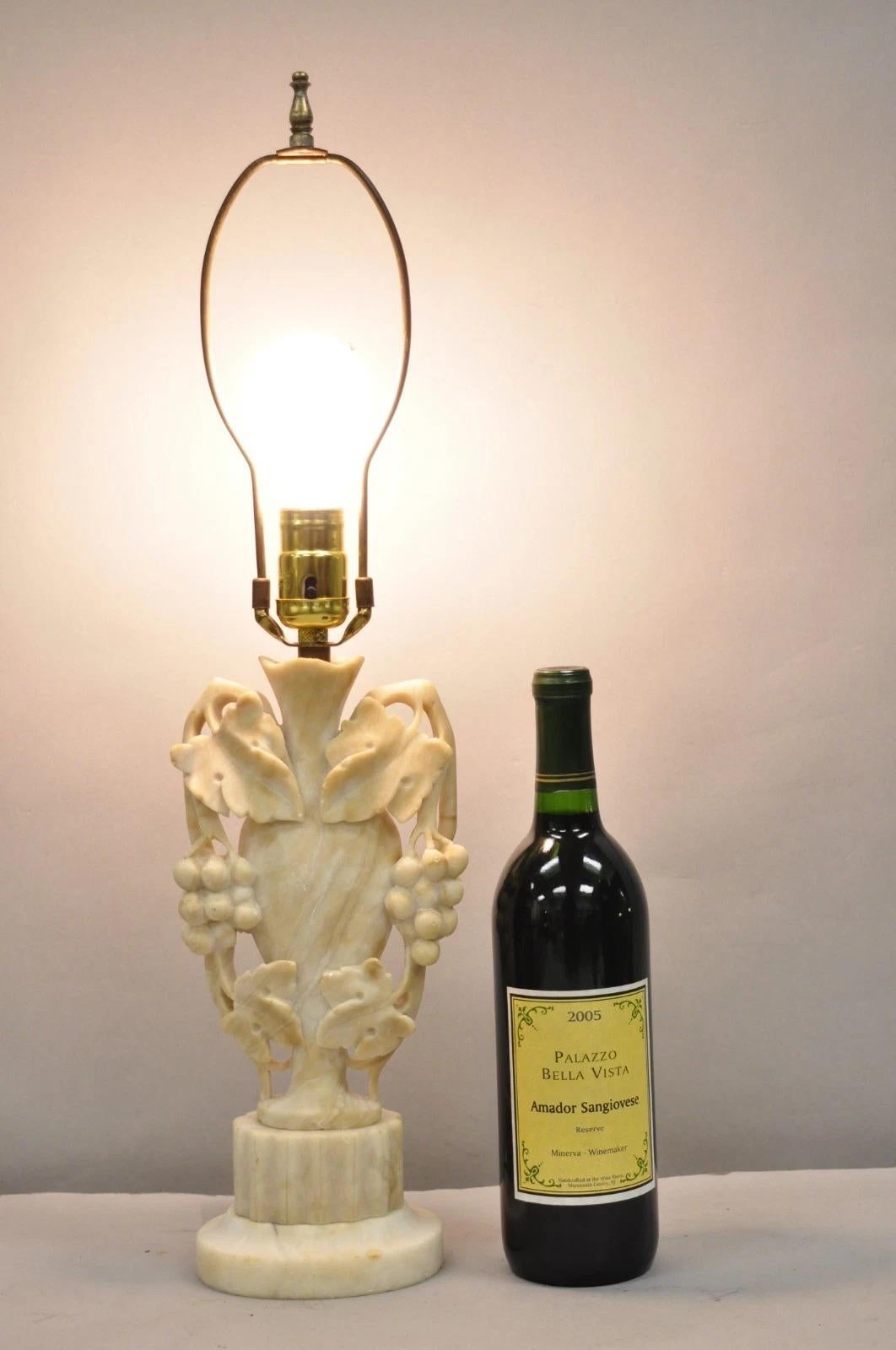 Antique Art Nouveau Italian Carved Alabaster Marble Small Urn & Grapevine Table Lamp. Circa Early 20th Century. Measurements: 23
