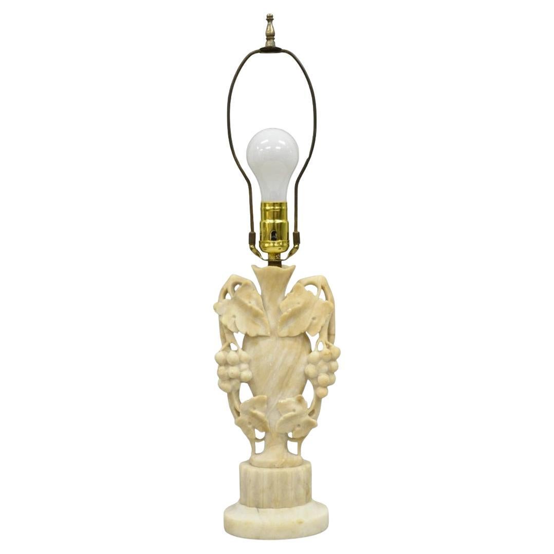 Art Nouveau Italian Carved Alabaster Marble Small Urn & Grapevine Table Lamp For Sale