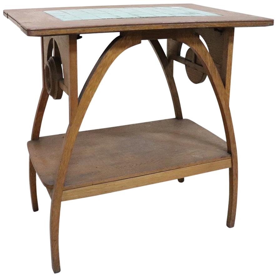 Art Nouveau Italian Oakwood Side Table with Ceramic Top