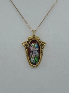 Art Nouveau Jacques Bonnadier Limoges Enamel Pendant Necklace 18 Karat Gold