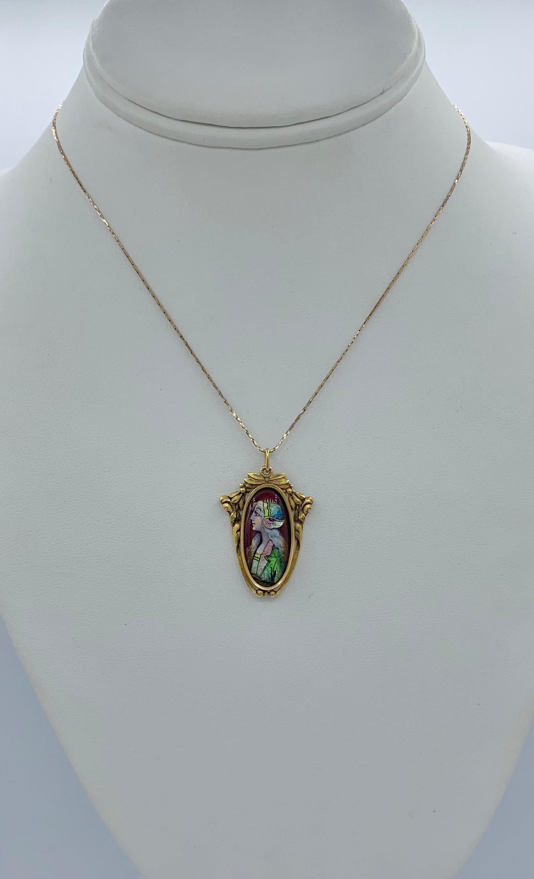 Women's Art Nouveau Jacques Bonnadier Limoges Enamel Pendant Necklace 18 Karat Gold For Sale