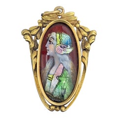 Art Nouveau Jacques Bonnadier Limoges Enamel Pendant Necklace 18 Karat Gold