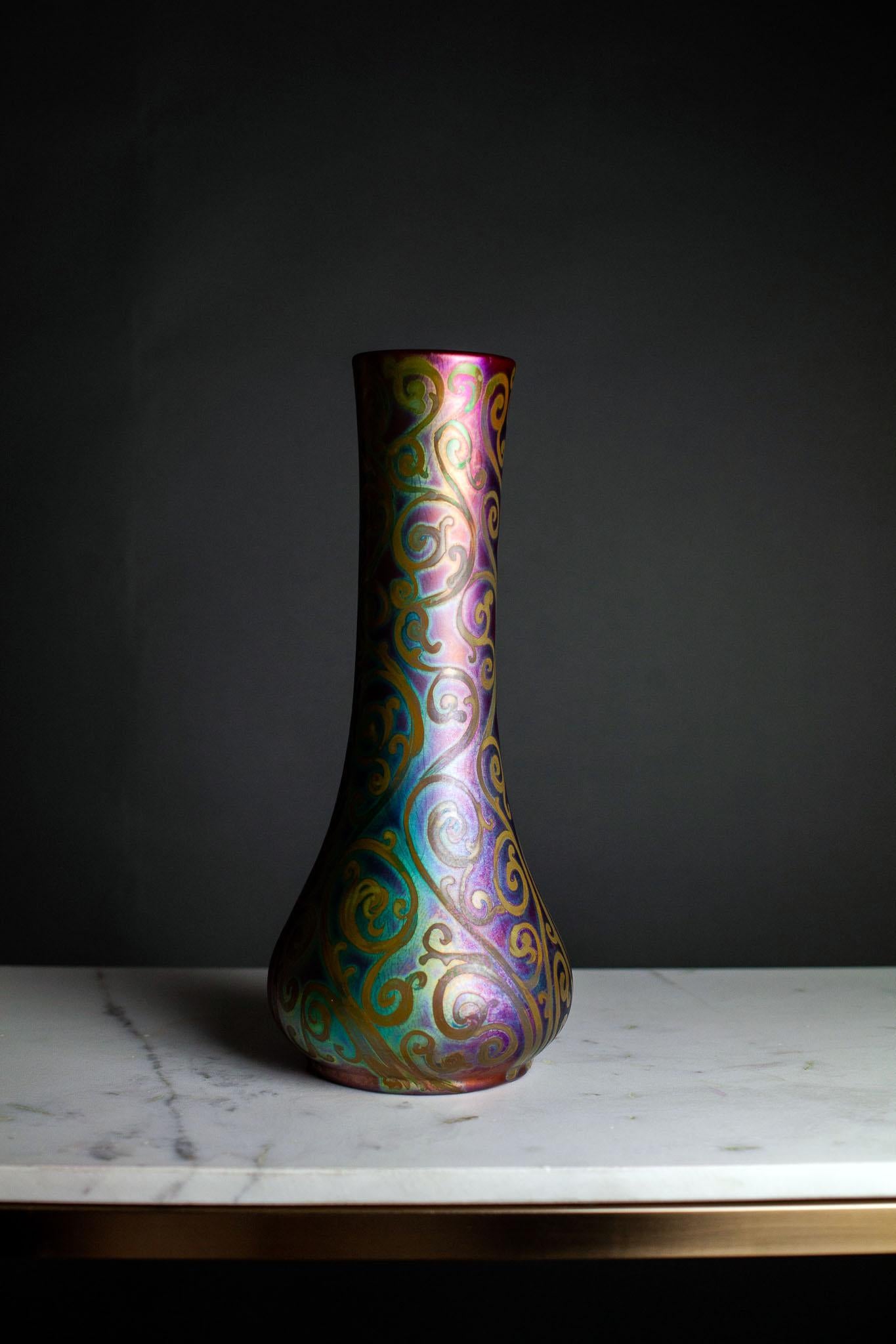 This Art Nouveau Jacques Sicard Vase for your consideration. 

From 1902-1907, Jacques Sicard worked at Weller Pottery (Zanesville, OH 1872-1948) to develop a metallic glaze, which had been introduced by Clement Massier in France in 1889, as