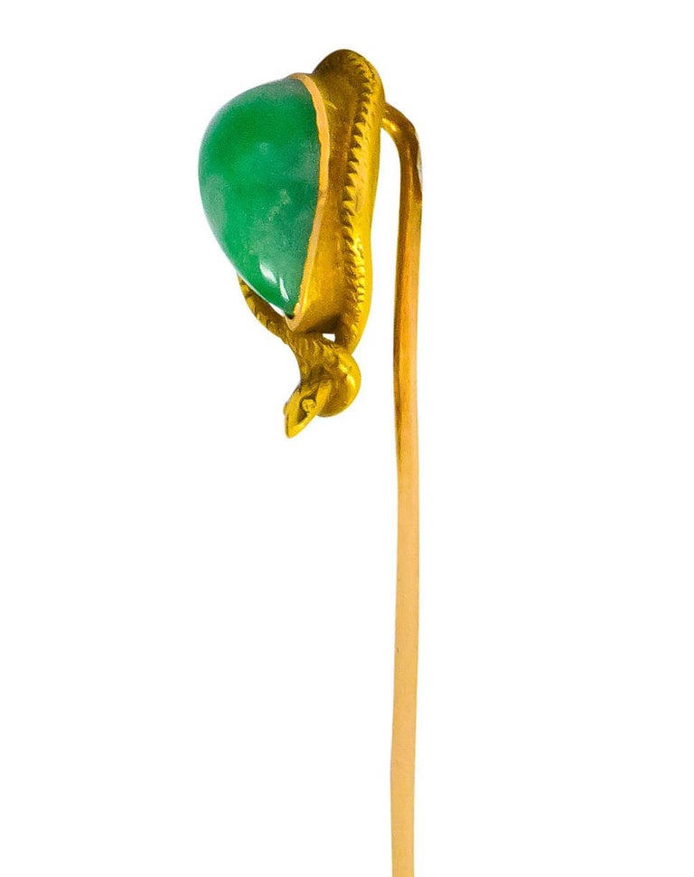 Pear Cut Art Nouveau Jade 14 Karat Gold Snake Stickpin For Sale
