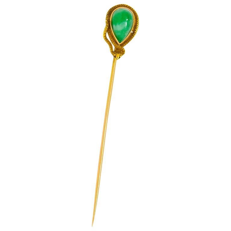 Art Nouveau Jade 14 Karat Gold Snake Stickpin For Sale