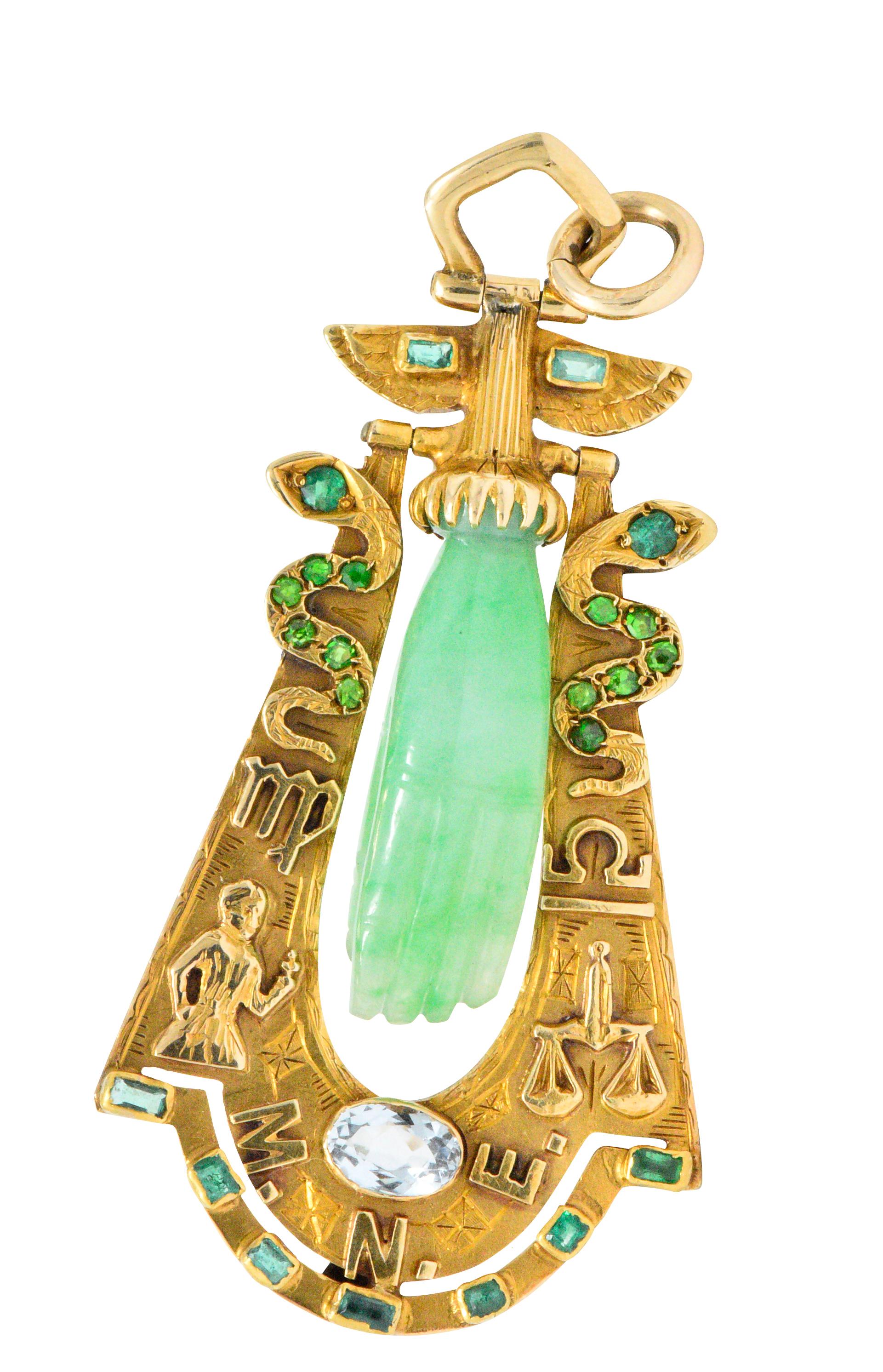 Art Nouveau Jade Aquamarine Emerald Demantoid Garnet 18 Karat Gold Pendant In Excellent Condition In Philadelphia, PA