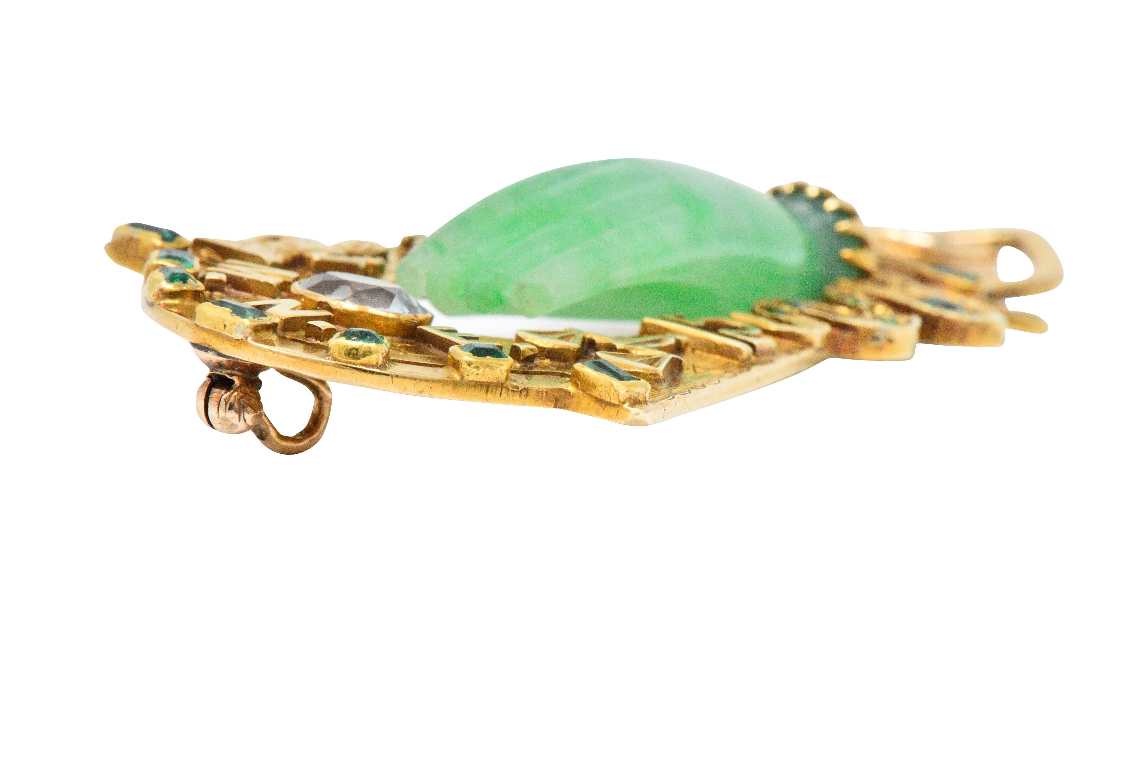 Women's or Men's Art Nouveau Jade Aquamarine Emerald Demantoid Garnet 18 Karat Gold Pendant