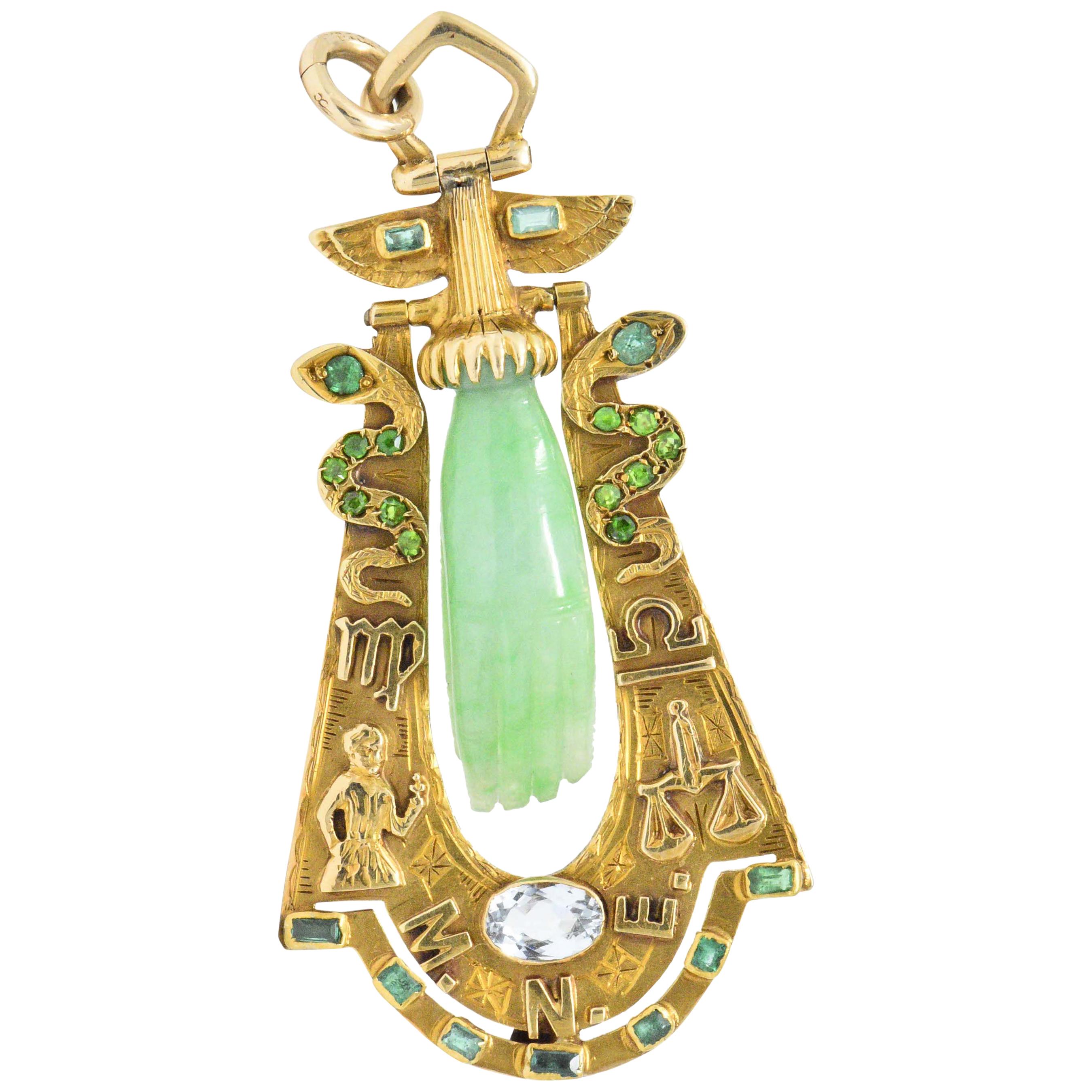 Art Nouveau Jade Aquamarine Emerald Demantoid Garnet 18 Karat Gold Pendant