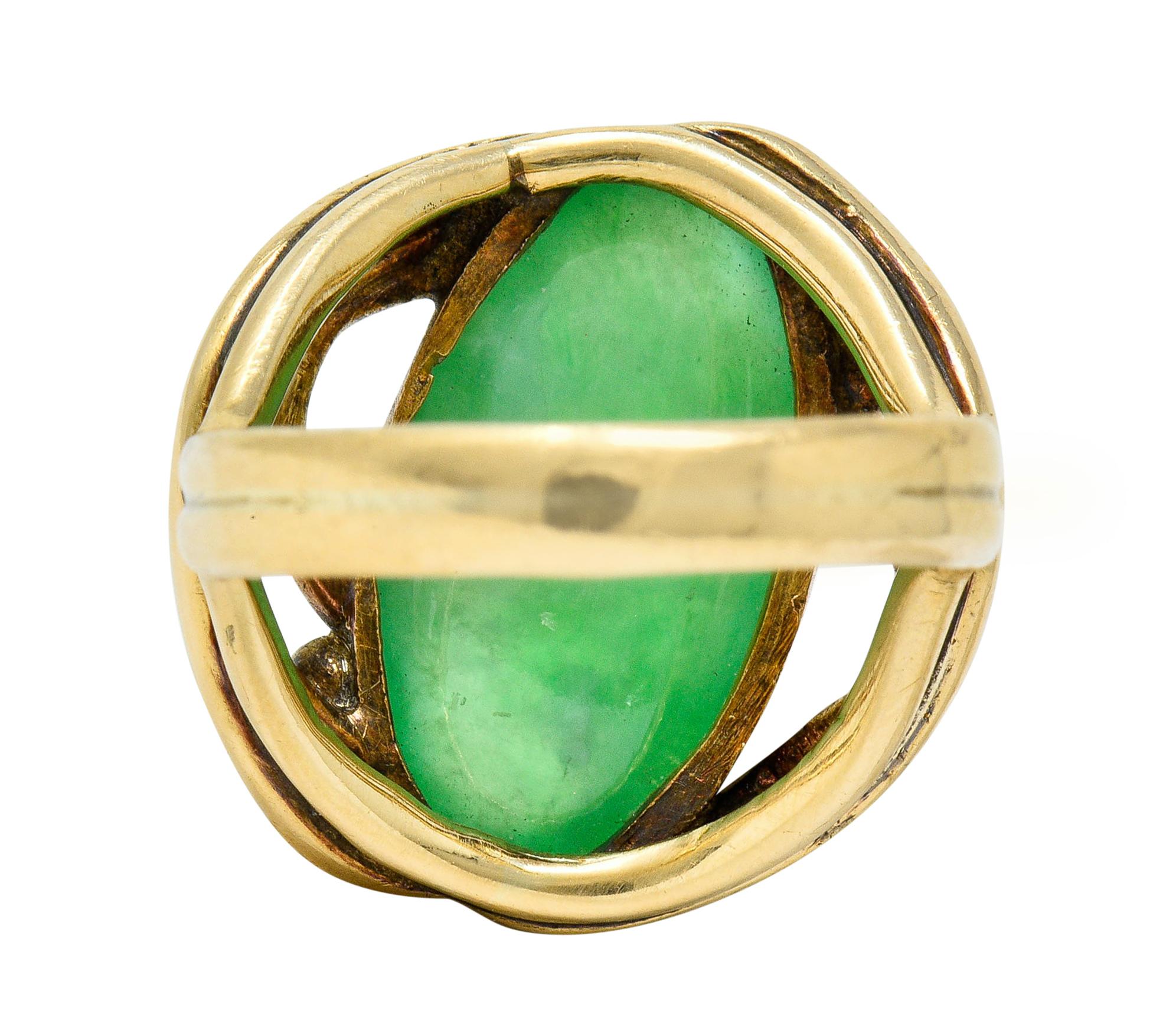 Women's or Men's Art Nouveau Jadeite Jade Cabochon 14 Karat Gold Band Ring