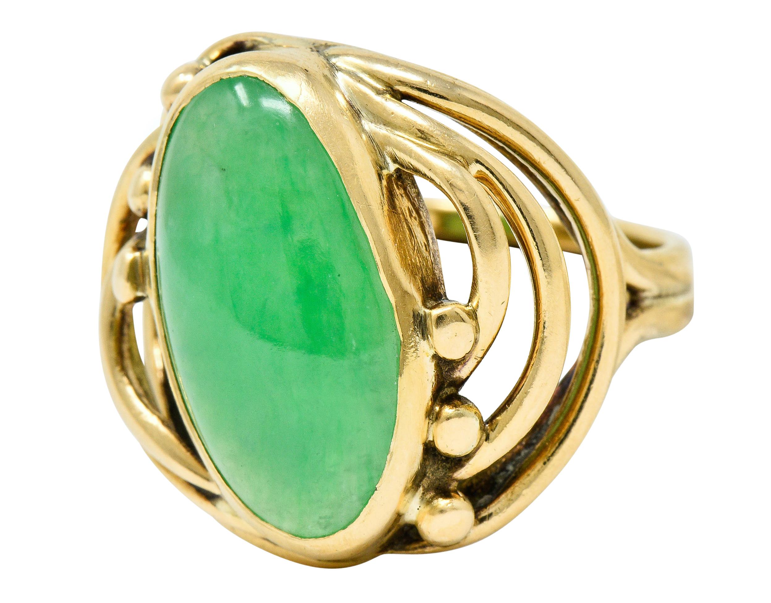 Art Nouveau Jadeite Jade Cabochon 14 Karat Gold Band Ring 2