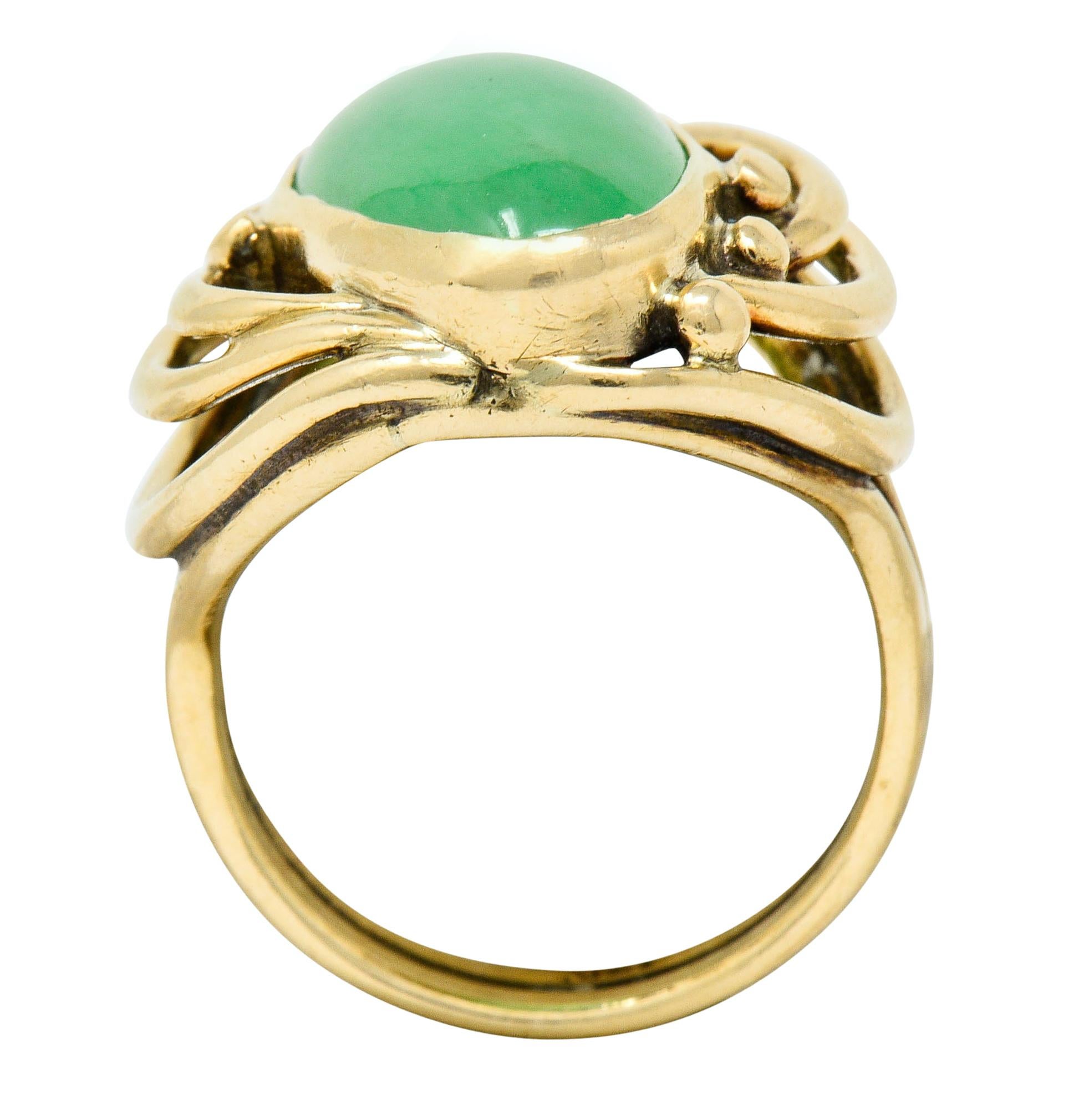 Art Nouveau Jadeite Jade Cabochon 14 Karat Gold Band Ring 3