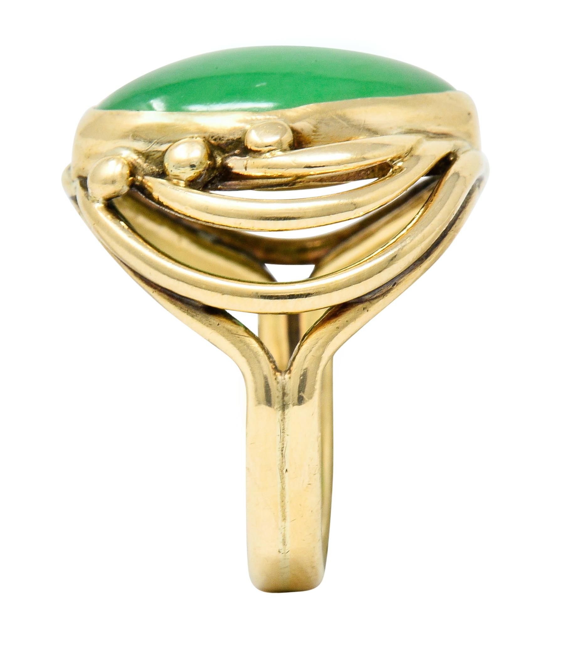 Art Nouveau Jadeite Jade Cabochon 14 Karat Gold Band Ring 4