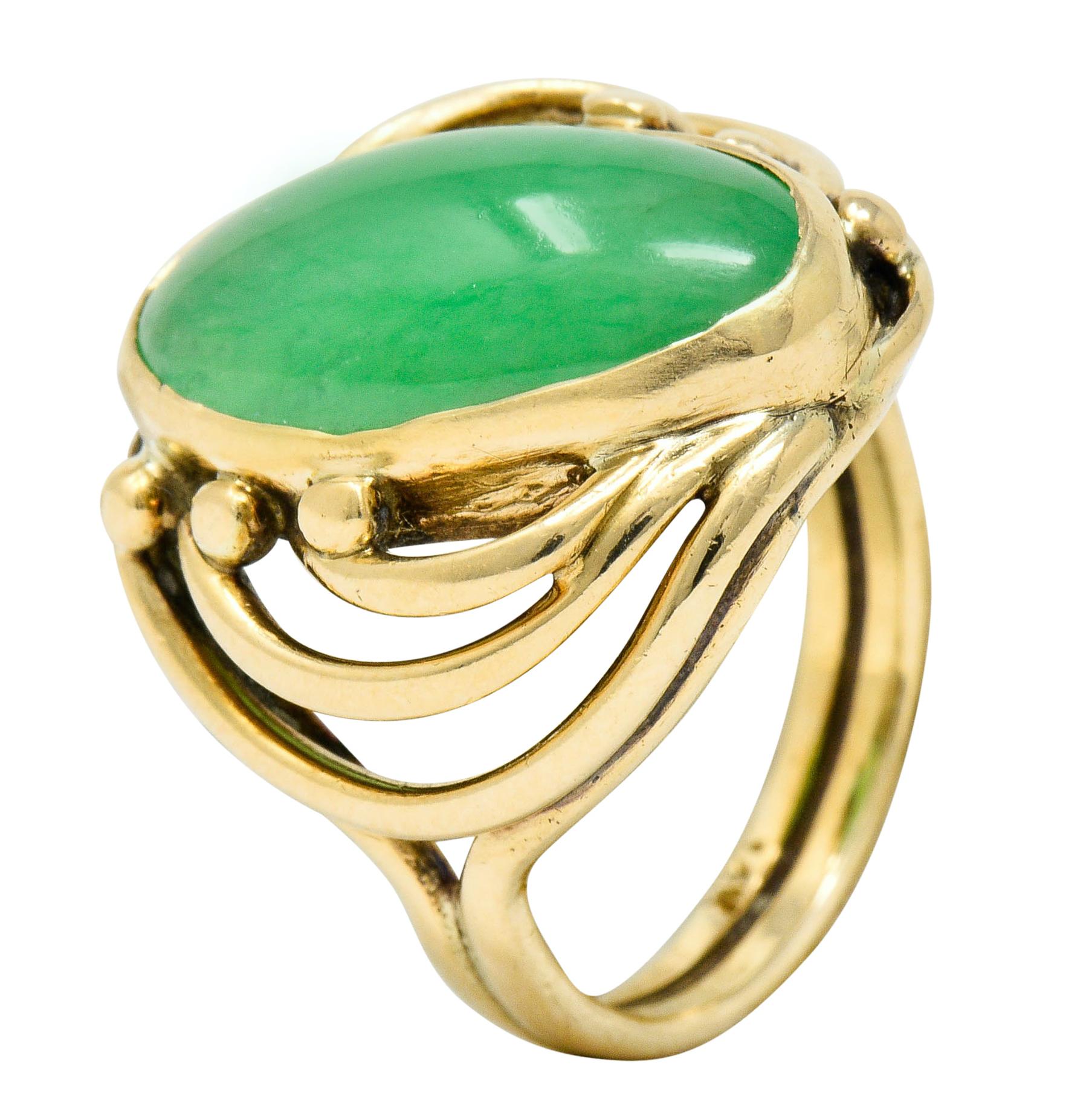Art Nouveau Jadeite Jade Cabochon 14 Karat Gold Band Ring 5