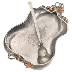 Art Nouveau Jade Chinese Serving Bowl with Spoon Pewter, Jade & Carnelian